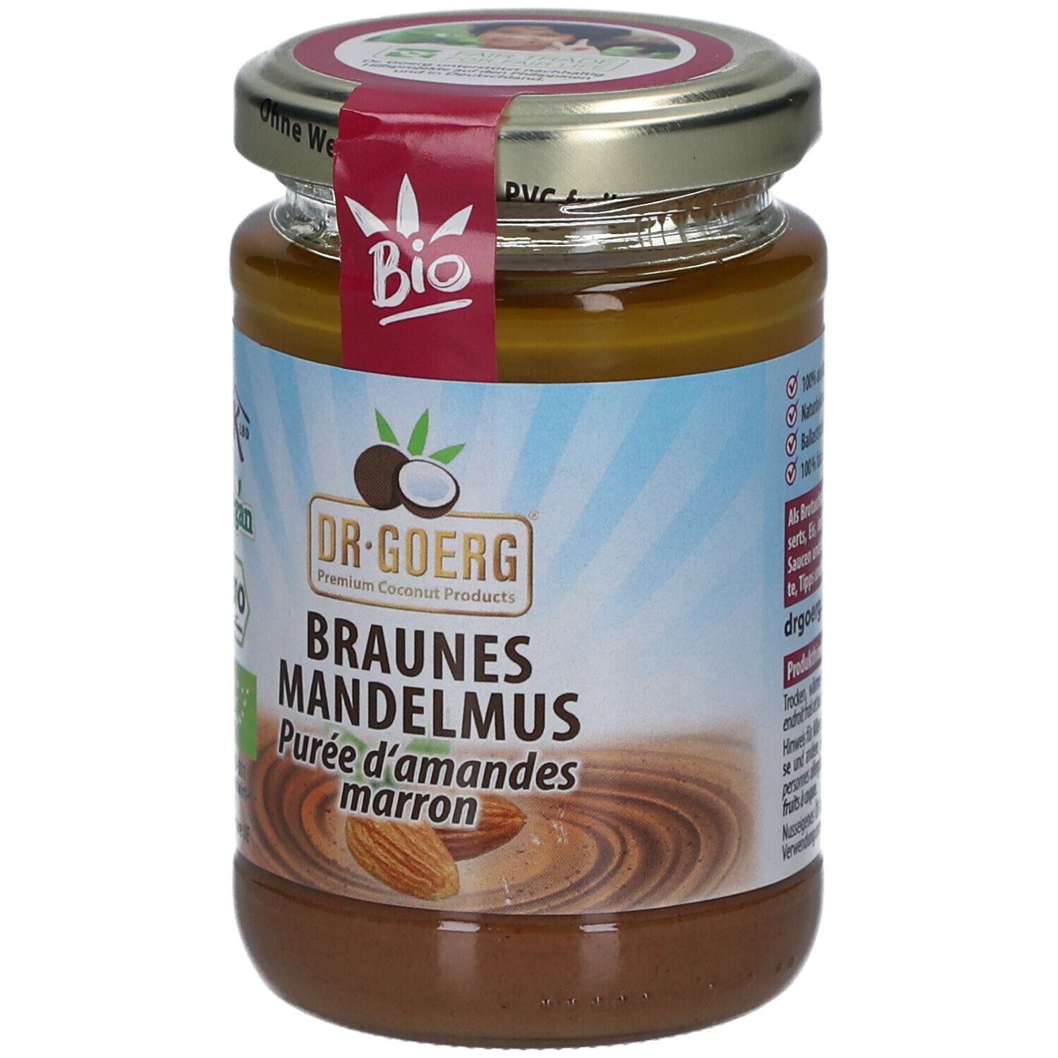 Pot de beurre d'amandes brun. Étiquette avec logo "Bio", "Vegan" et nom du produit "Braunes Mandelmus".
