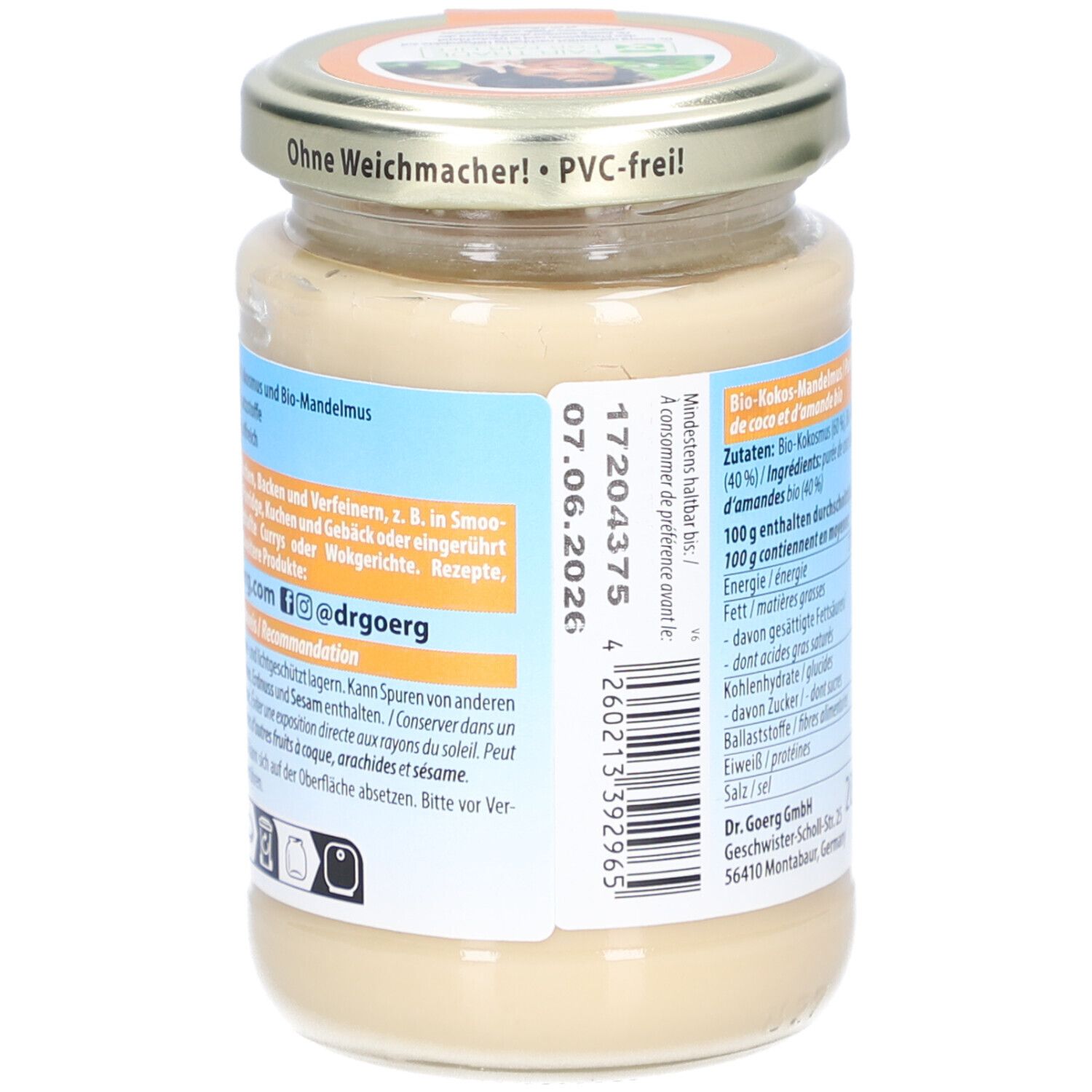Rückseite des Glases mit Bio-Kokos-Mandelmus. MHD, Herstellerinformationen und Barcode. Text: 'Ohne Weichmacher!'