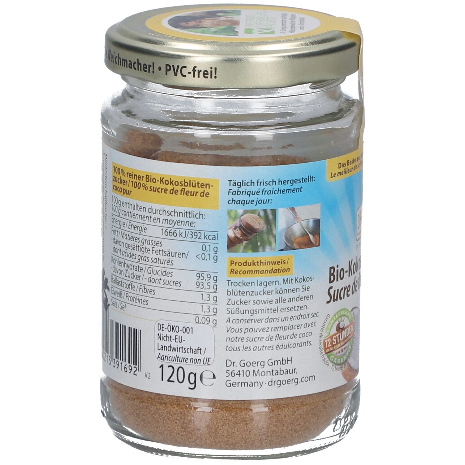 Dos d'un pot de sucre de fleur de coco bio. Informations nutritionnelles et produit.