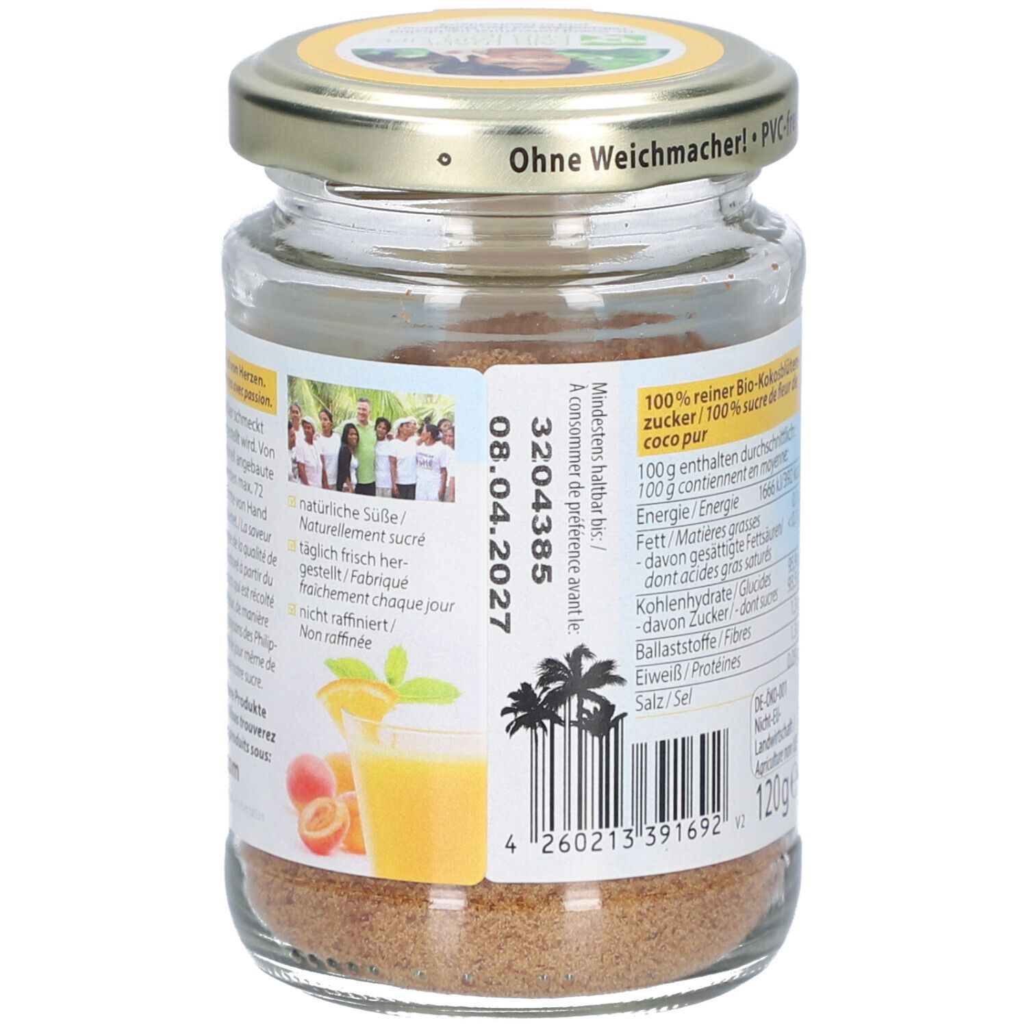 Dos d'un pot de sucre de fleur de coco bio. Informations nutritionnelles, date limite et produit.