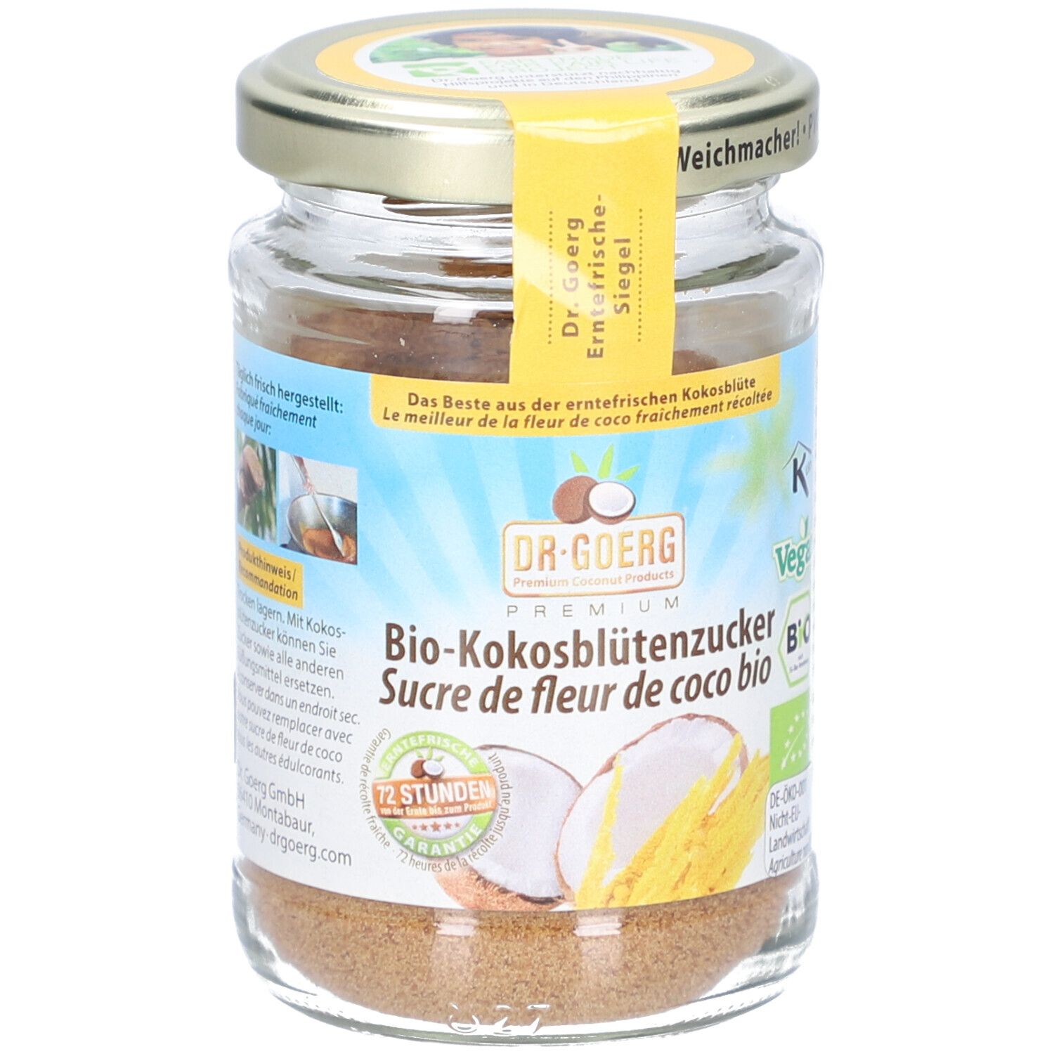 Pot de sucre de fleur de coco bio. Étiquette jaune avec informations. Couvercle avec inscription.