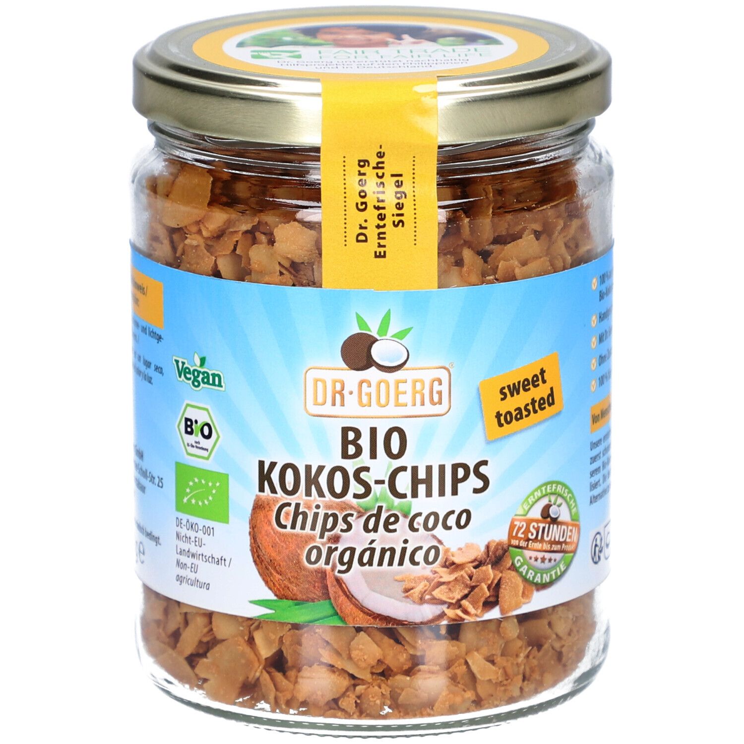 Glas mit Bio Kokos-Chips. Aufkleber mit "Dr. Goerg" und "Bio". Aufschrift "sweet toasted".