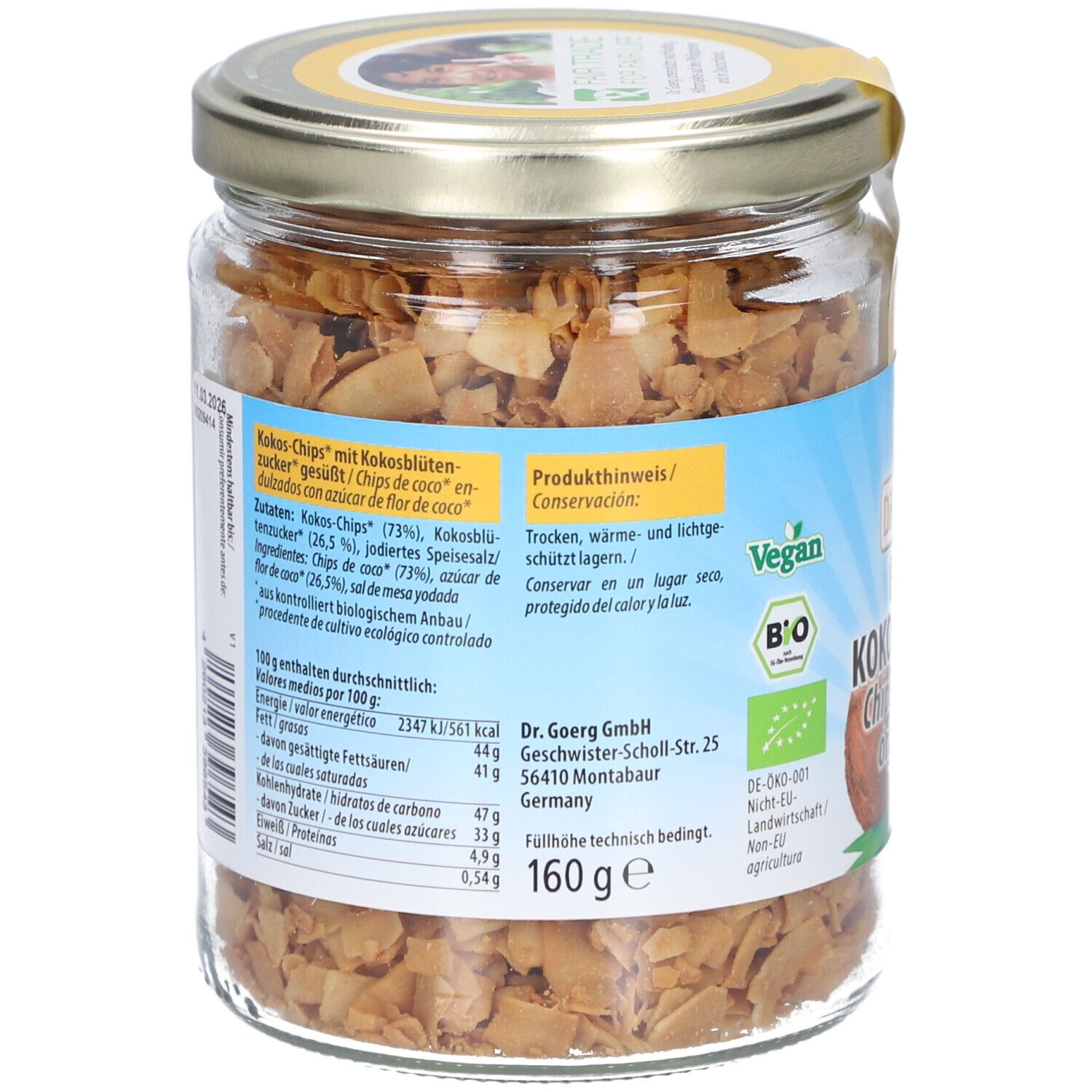 Rückseite des Glases mit Bio Kokos-Chips. Angaben zu Inhaltsstoffen, Nährwerten und Hersteller.