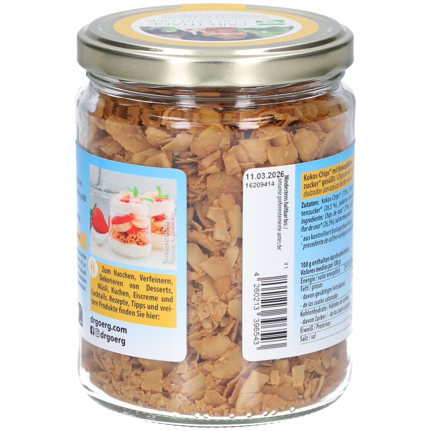 Rückseite des Glases mit Bio Kokos-Chips. Angaben zu Inhaltsstoffen, Nährwerten und Hersteller. Mindesthaltbarkeitsdatum.