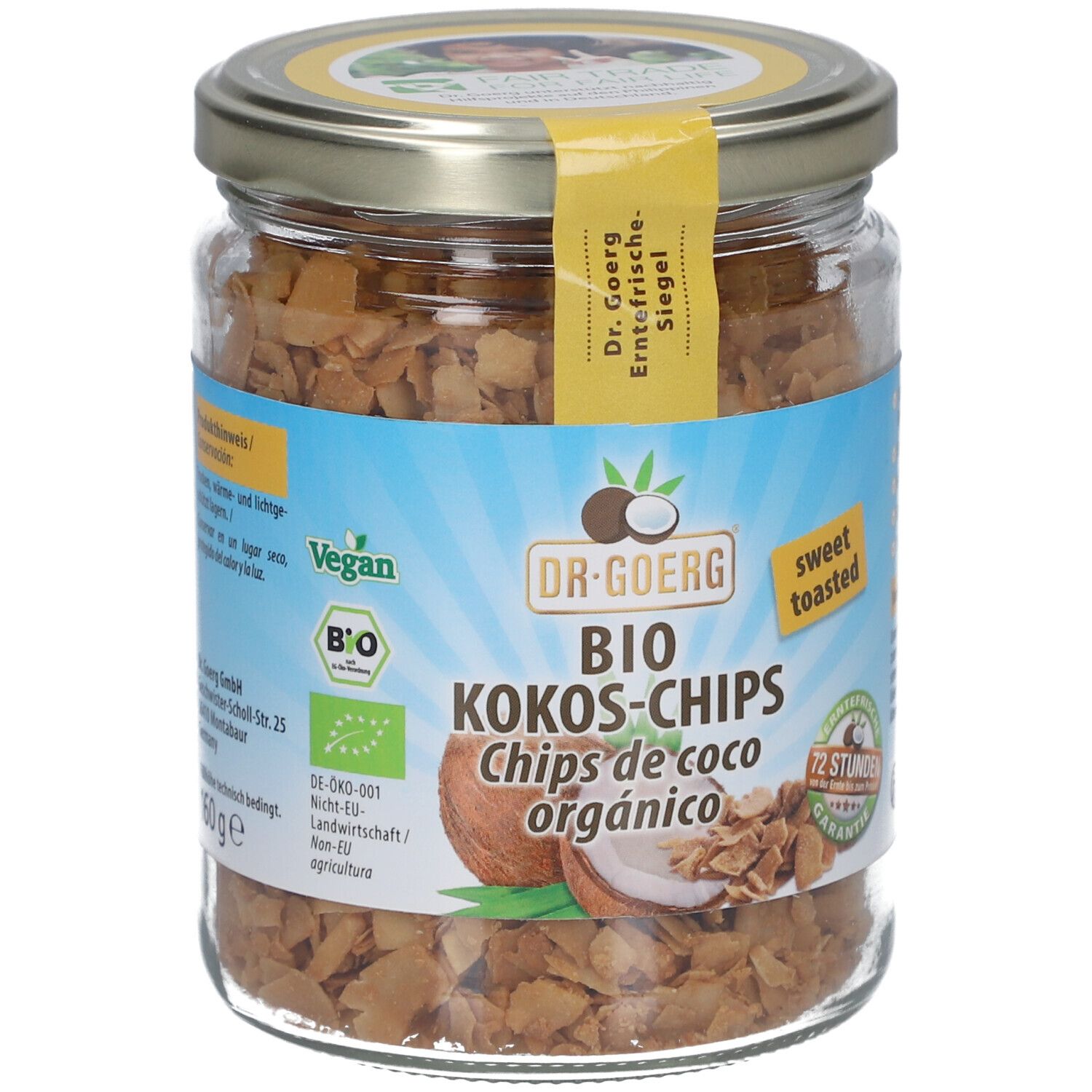 Glas mit Bio Kokos-Chips. Aufkleber mit "Dr. Goerg" und "Bio". Aufschrift "sweet toasted".