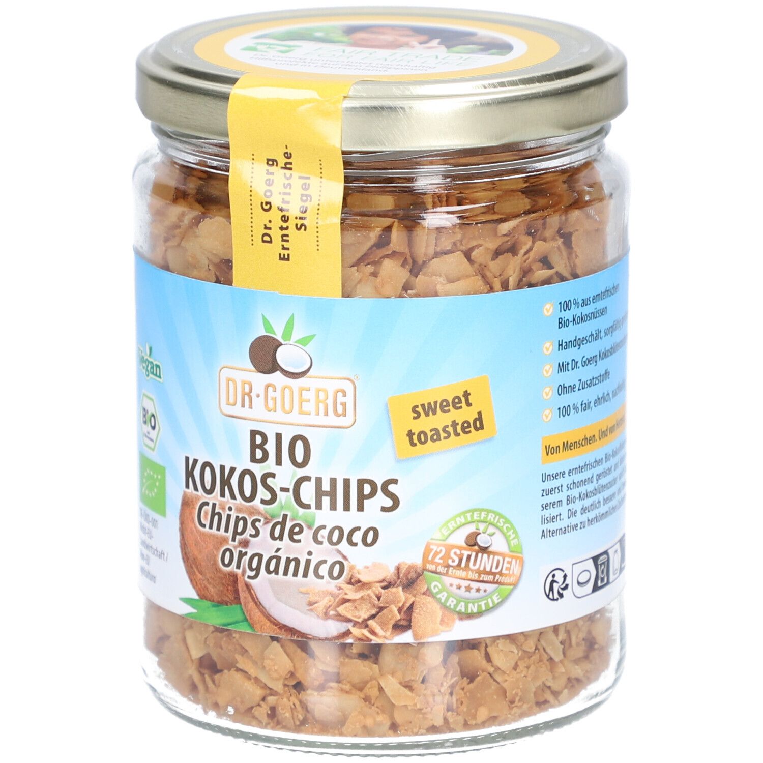 Glas mit Bio Kokos-Chips. Aufkleber mit "Dr. Goerg" und "Bio". Aufschrift "sweet toasted".