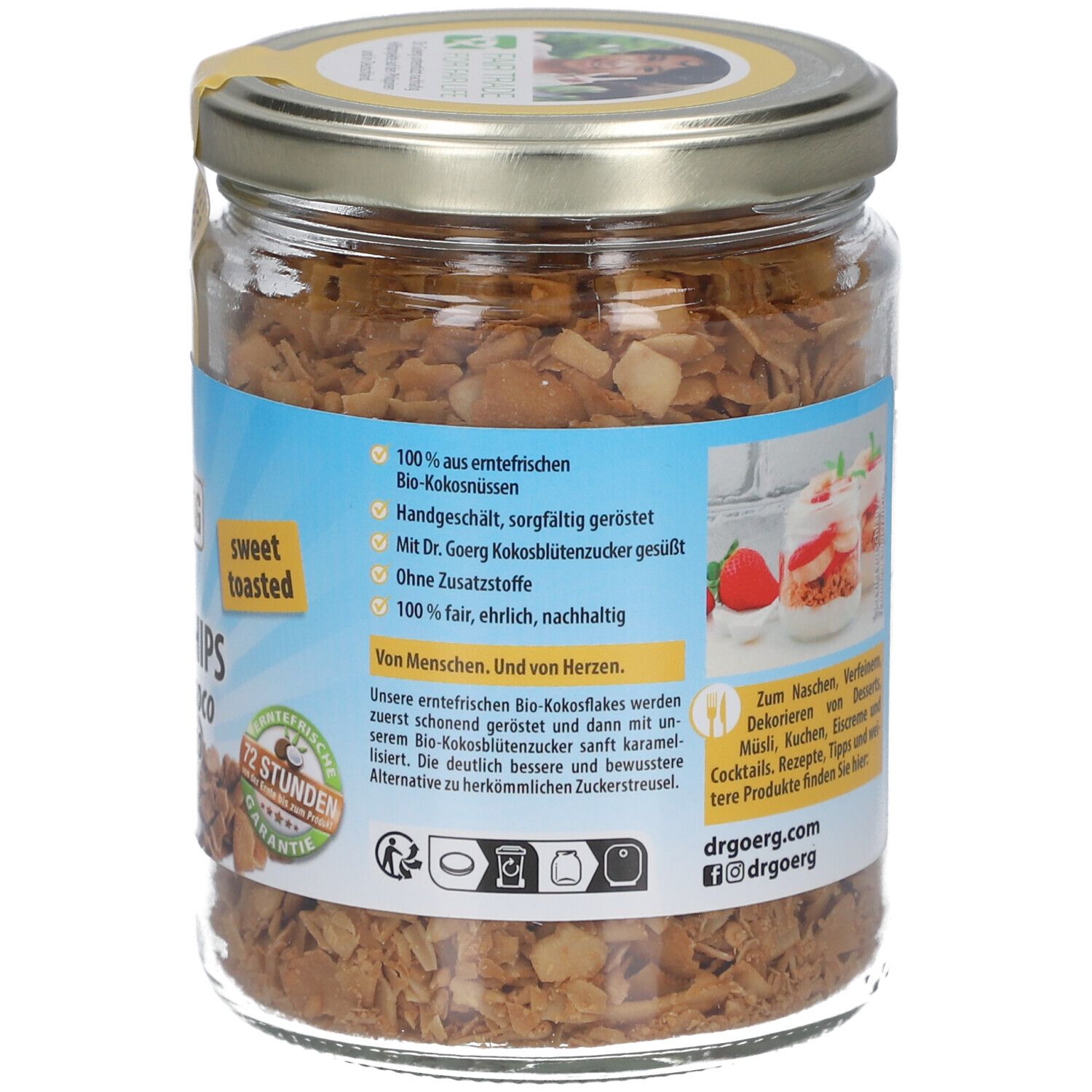 Rückseite des Glases mit Bio Kokos-Chips. Angaben zu Inhaltsstoffen, Nährwerten und Hersteller.