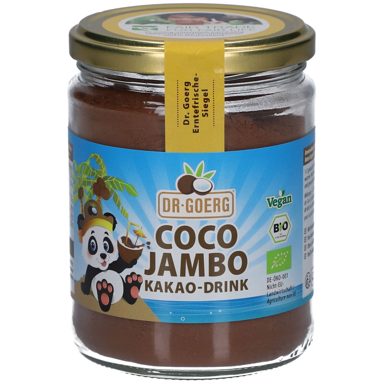 Pot en verre de poudre brune. Étiquette avec panda, noix de coco, texte Coco Jambo Kakao-Drink, logo Vegan et label Bio.