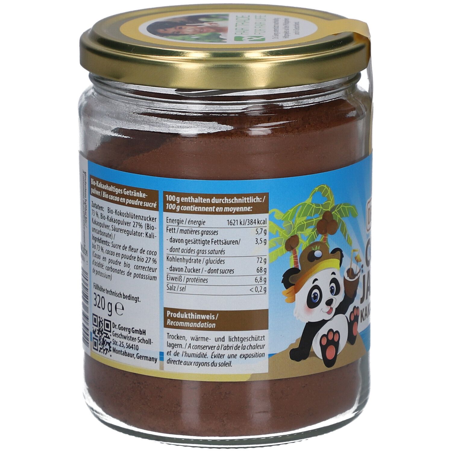 Dos du pot de poudre brune. Étiquette avec informations nutritionnelles, liste des ingrédients et illustration de panda.