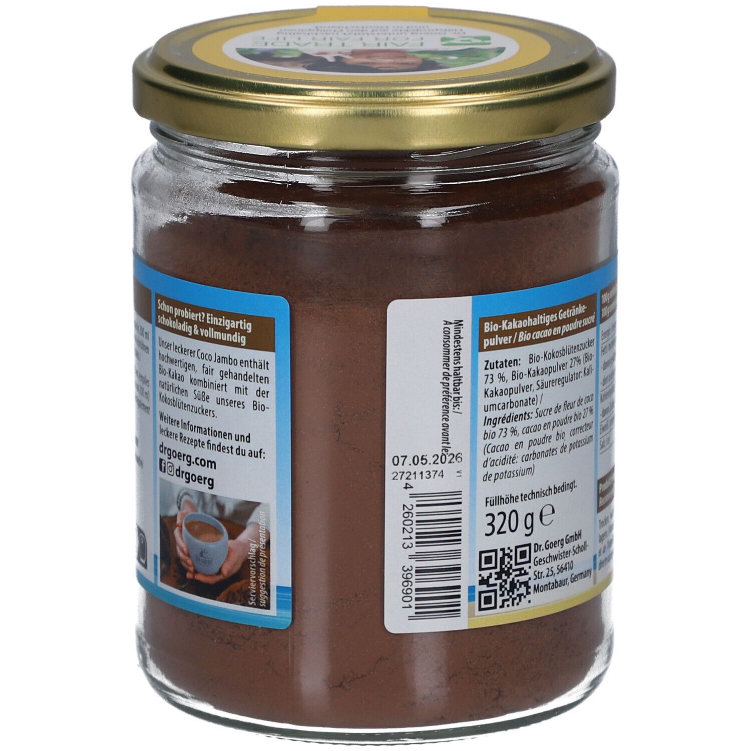 Pot en verre de poudre brune. Étiquette avec liste d'ingrédients, date de péremption et illustration de panda. 320g.