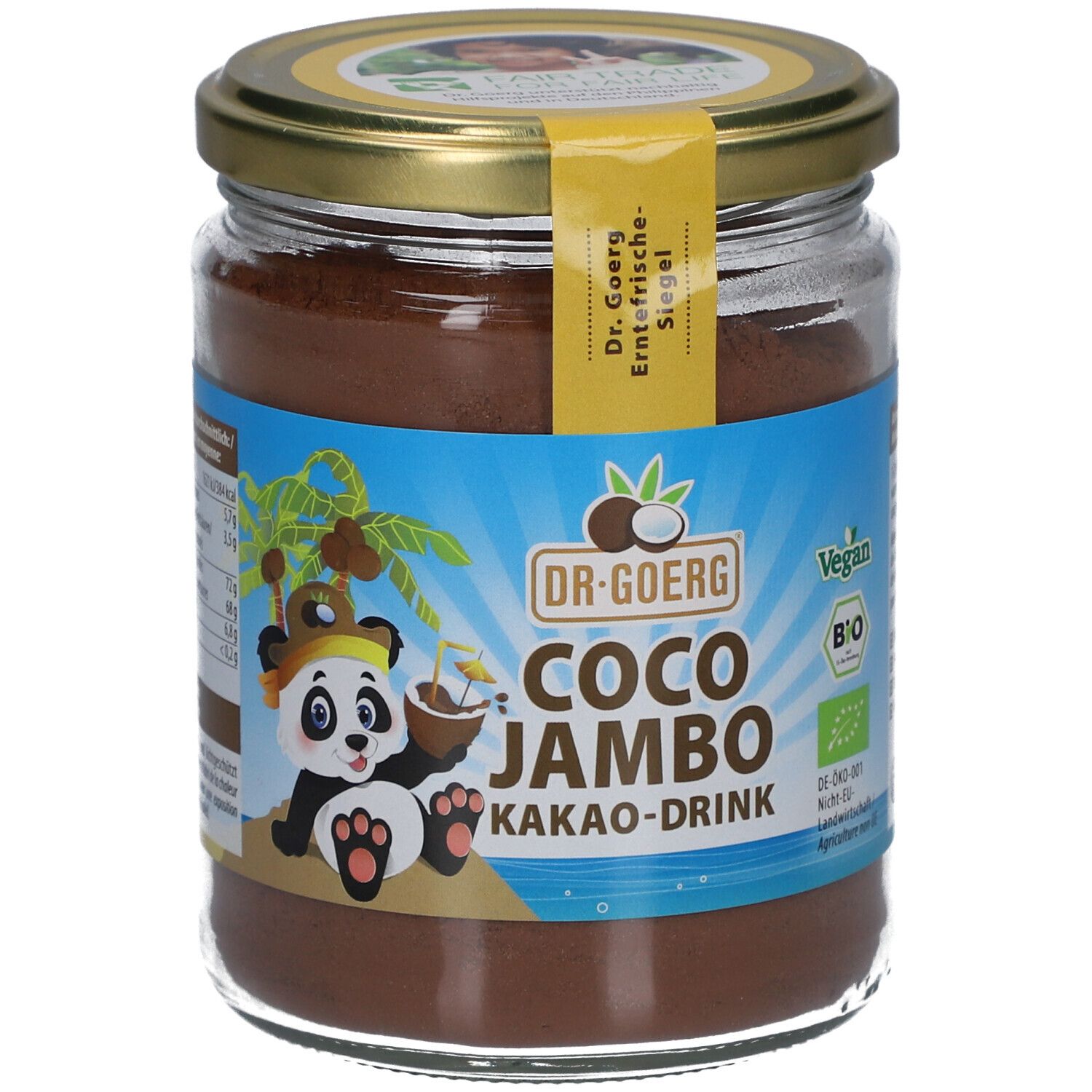 Pot en verre de poudre brune. Étiquette avec panda, noix de coco, texte Coco Jambo Kakao-Drink, logo Vegan et label Bio.