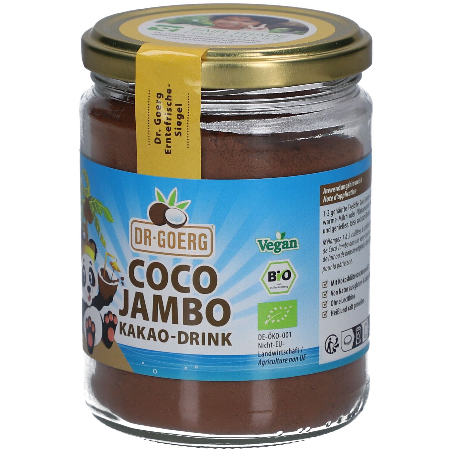 Pot en verre de poudre brune. Étiquette avec panda, noix de coco, texte Coco Jambo Kakao-Drink, logo Vegan et label Bio.