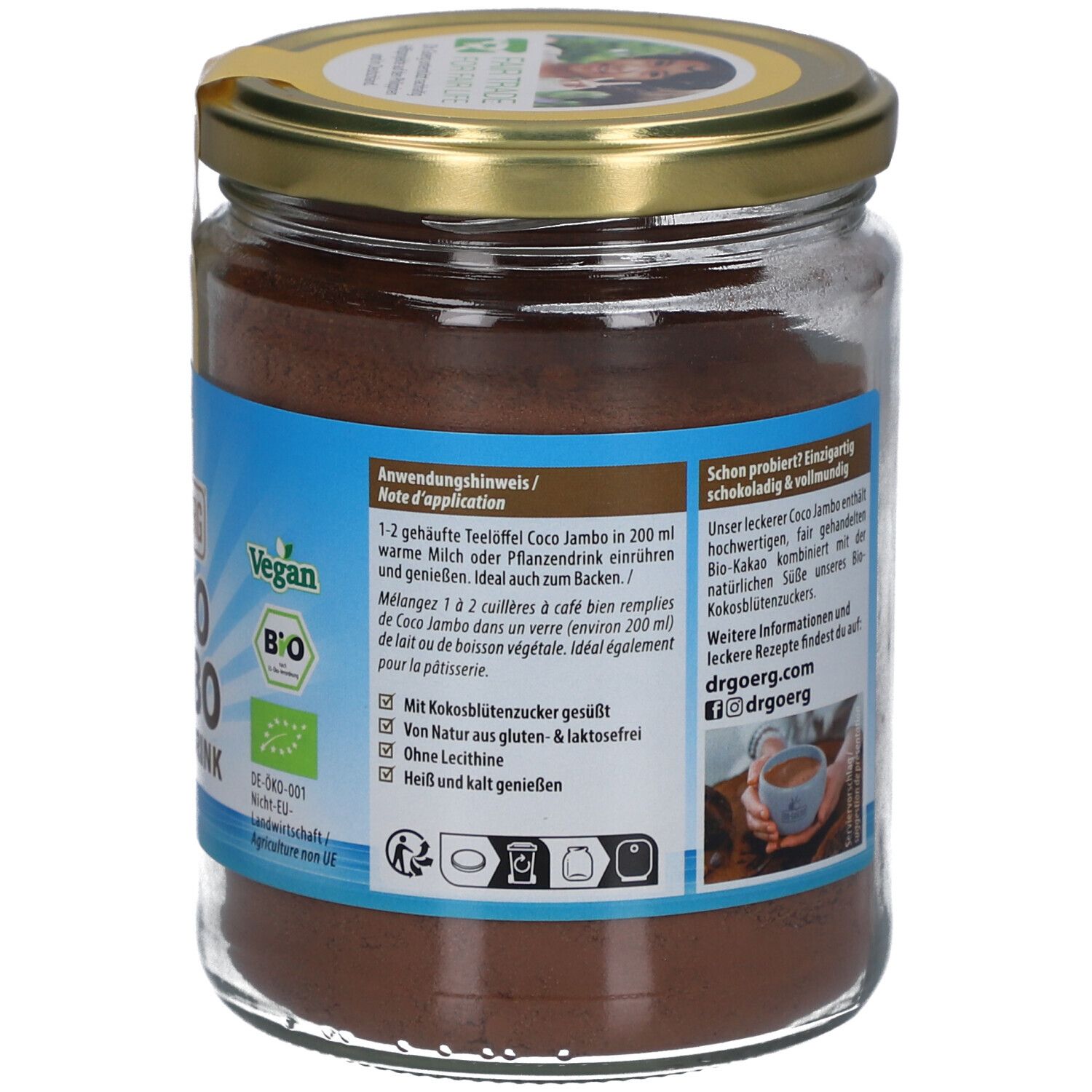 Pot en verre de poudre brune. Étiquette avec instructions d'utilisation, logo Vegan, label Bio et illustration de panda.