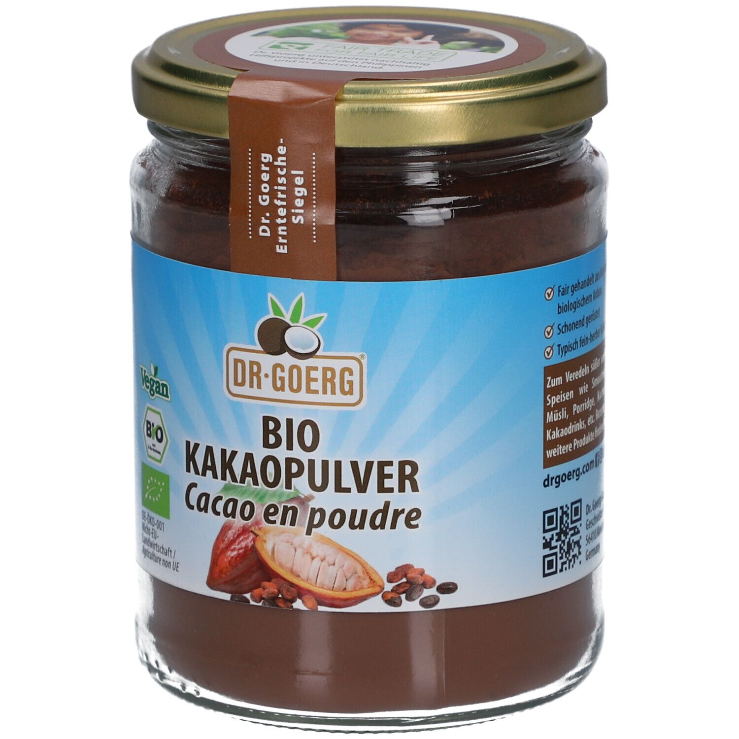 Glas mit braunem Pulver. Etikett mit "DR. GOERG BIO KAKAOPULVER". Vegan- und Bio-Siegel.