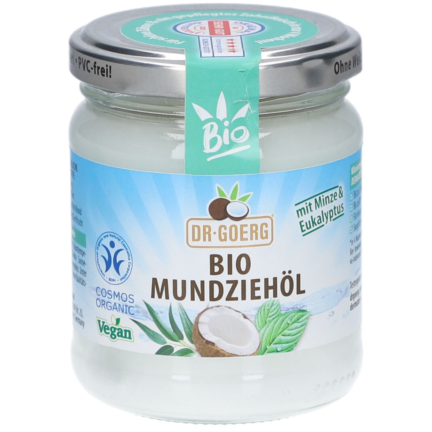 Glas mit Dr. Goerg Bio Mundziehöl. Deckel mit Aufkleber. Aufschrift: Bio, Vegan, Cosmos Organic.