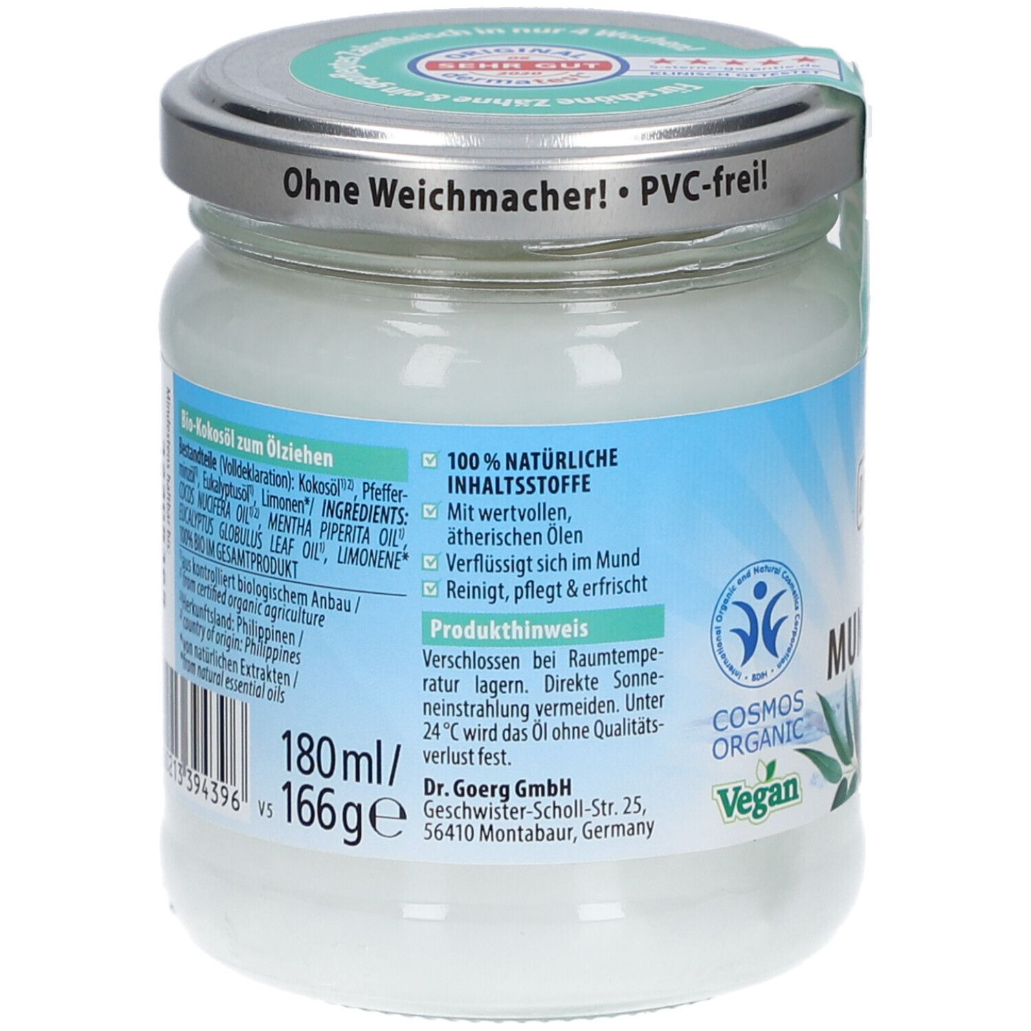 Rückseite des Glases mit Dr. Goerg Bio Mundziehöl. Aufschrift: 100% natürliche Inhaltsstoffe, 180ml, 166g.