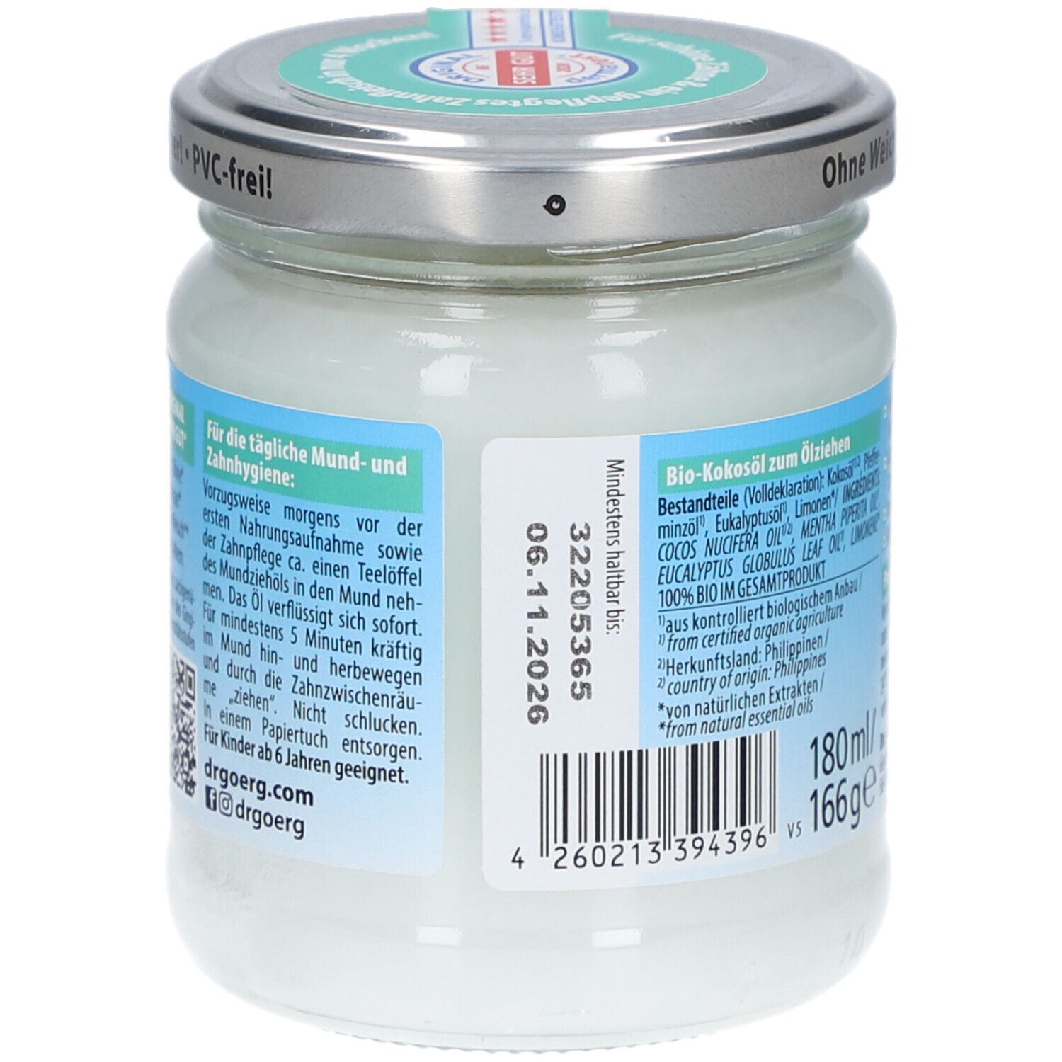 Rückseite des Glases mit Dr. Goerg Bio Mundziehöl. Aufschrift: Mindestens haltbar bis 06.11.2026, 180ml, 166g.