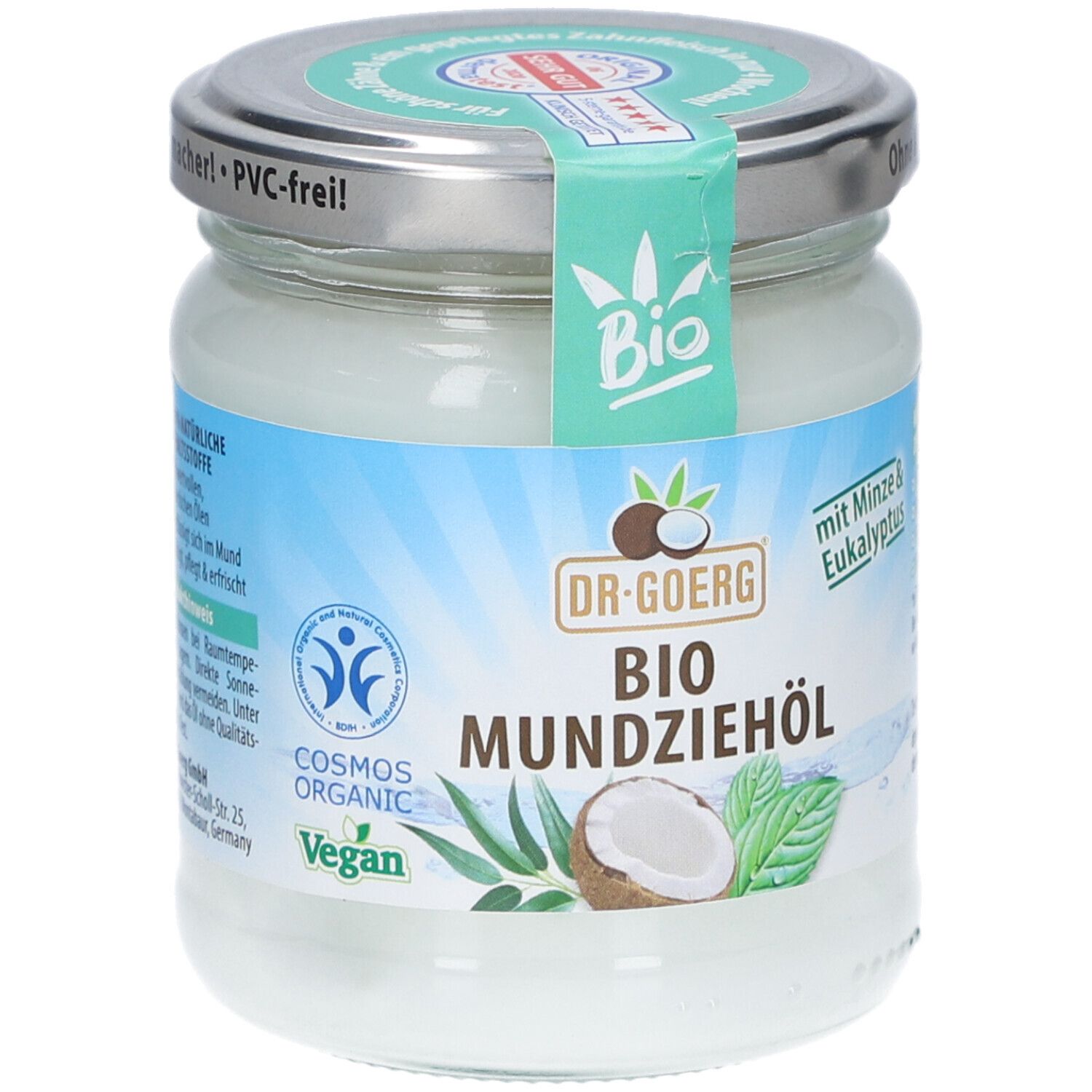 Glas mit Dr. Goerg Bio Mundziehöl. Deckel mit Aufkleber. Aufschrift: Bio, Vegan, Cosmos Organic.