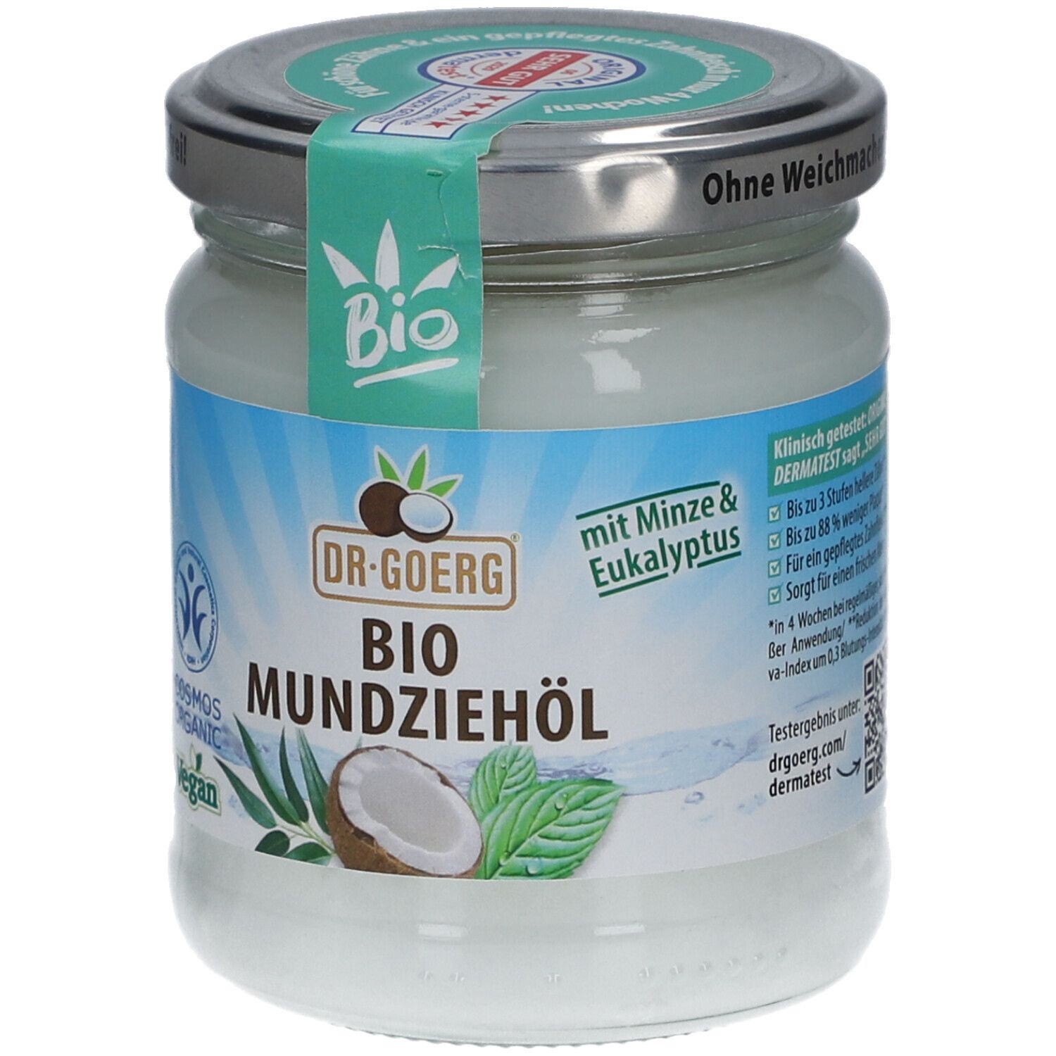 Glas mit Dr. Goerg Bio Mundziehöl. Deckel mit Aufkleber. Aufschrift: Bio, Vegan, Cosmos Organic, mit Minze & Eukalyptus.