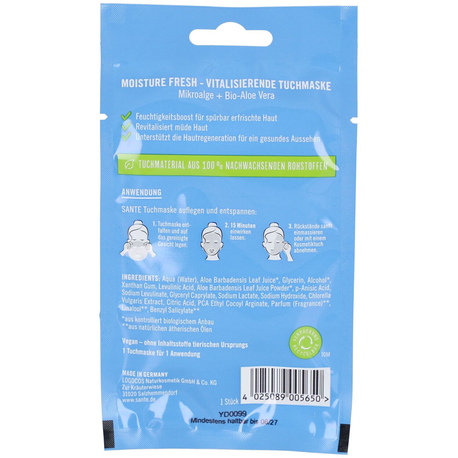 Dos du sachet de masque facial. Texte : Moisture Fresh, Vitalisierende Tuchmaske. Ingrédients et instructions d'utilisation. Logo vegan.