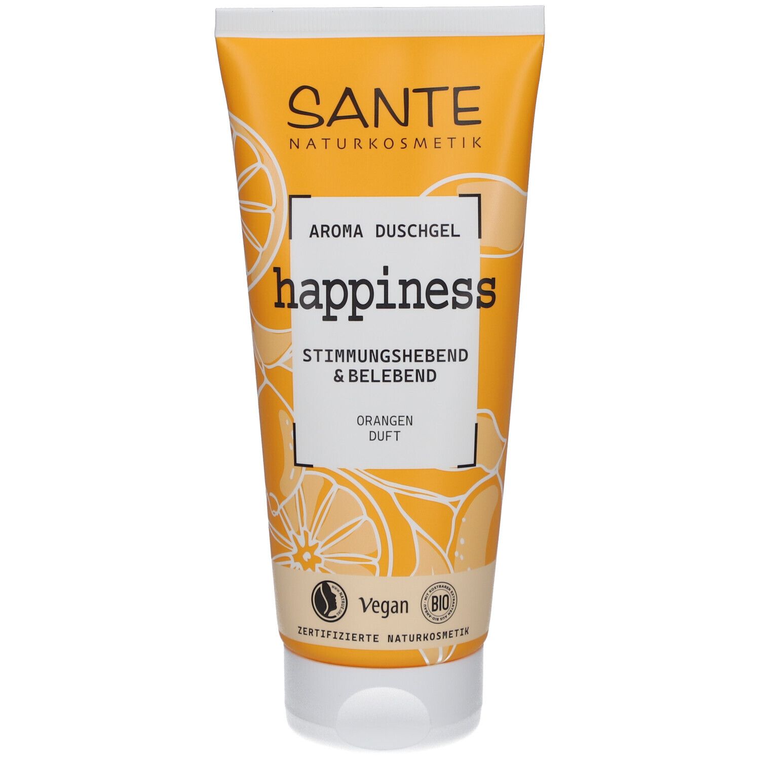 Orangefarbene Tube SANTE Aroma Duschgel Happiness. Vegan-Logo und Bio-Siegel. Schriftzug "Orangen Duft".