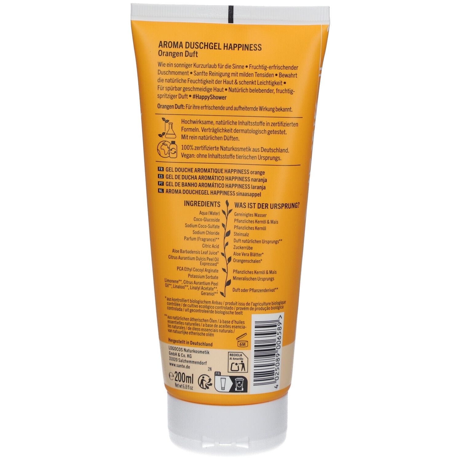 Rückseite der Tube SANTE Aroma Duschgel Happiness. Text in Deutsch, Französisch, Italienisch und Niederländisch. Zutatenliste.