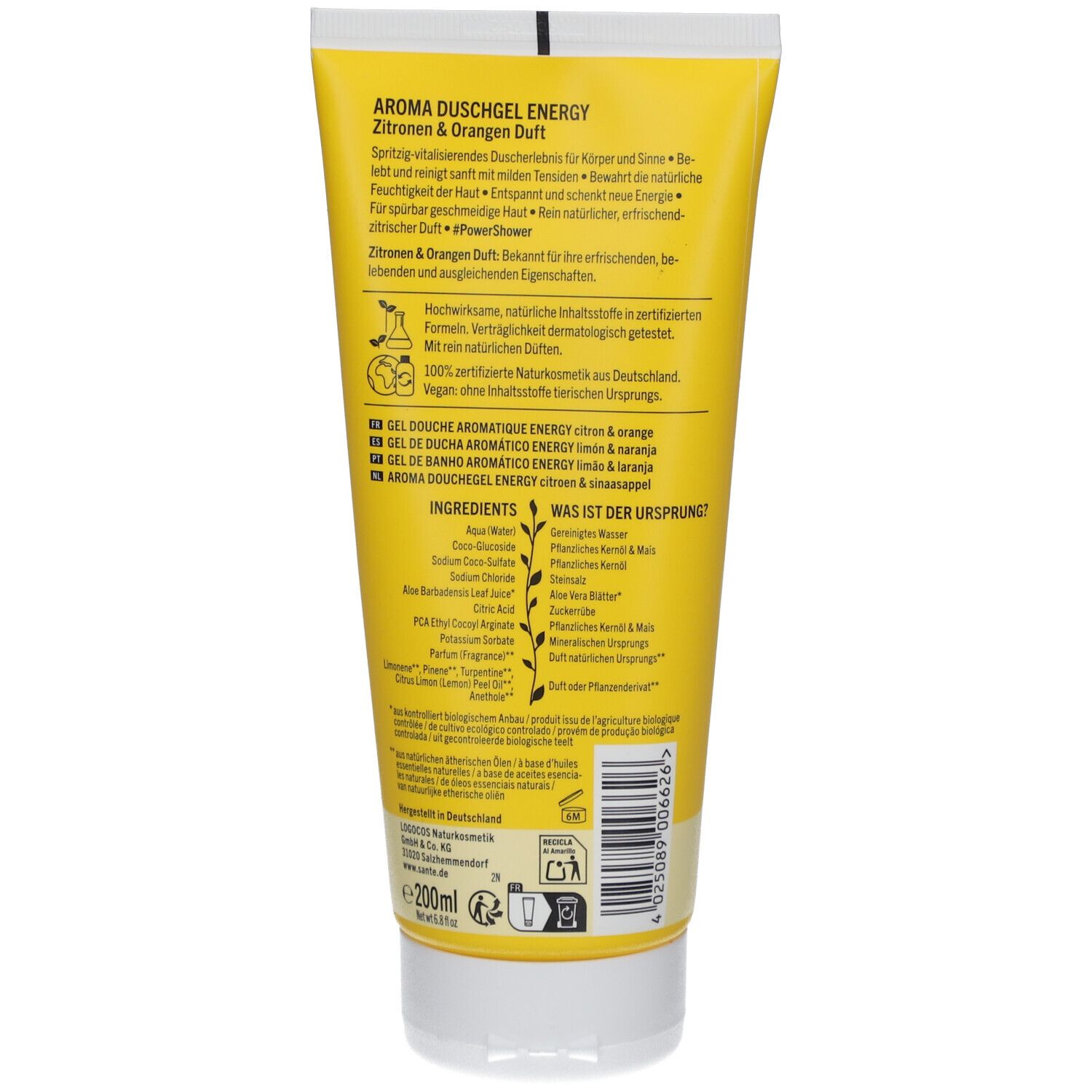 Rückseite einer gelben Tube. Text mit Inhaltsstoffen und Zertifizierungen. "Aroma Duschgel Energy" und "Bio-Zitrone & Quitte" sind sichtbar.