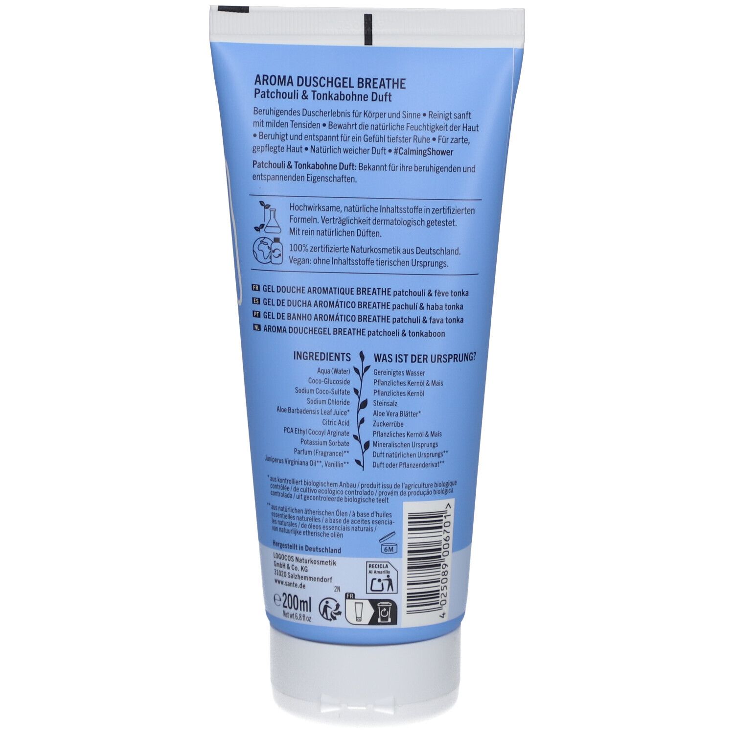 Dos du tube. Texte en allemand, anglais, français, italien. Ingrédients et certifications.