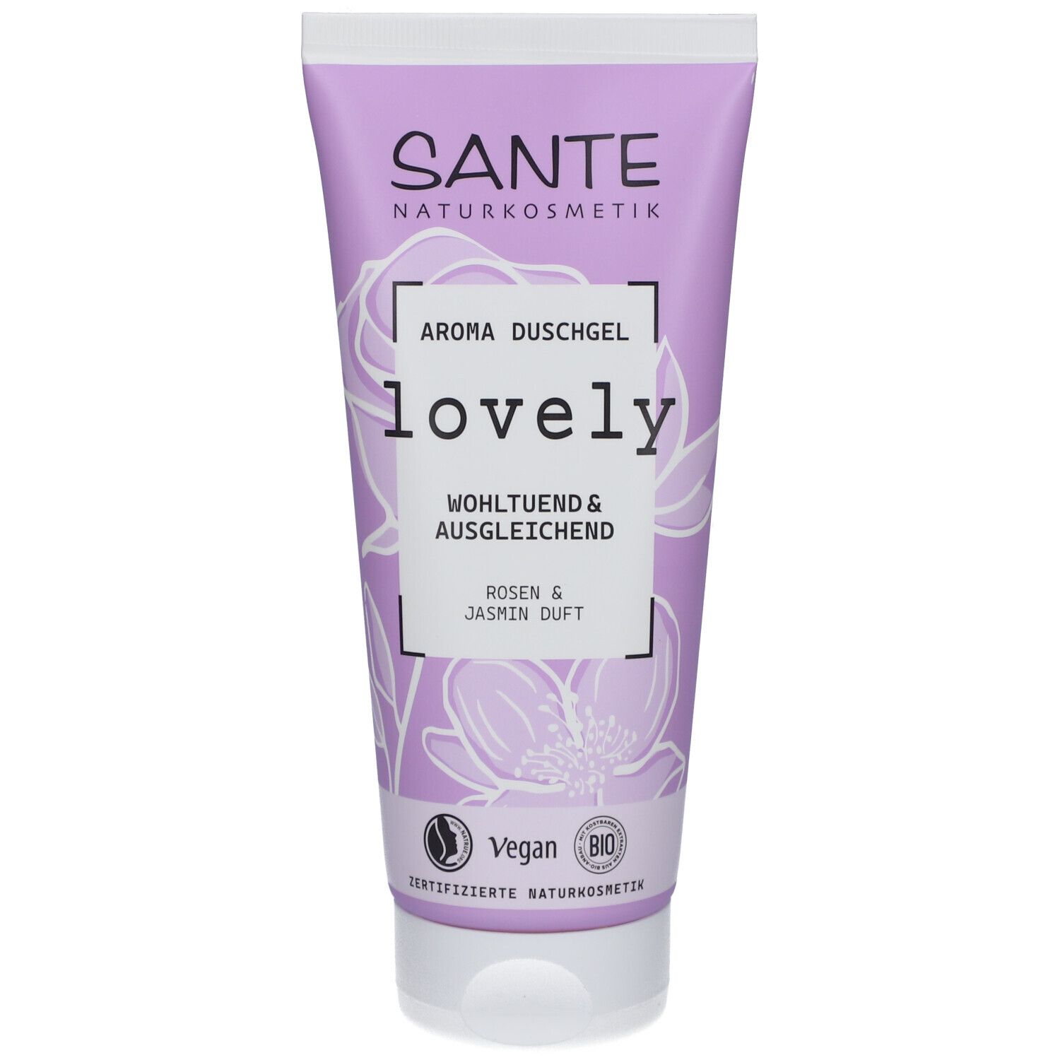 Tube lilas avec bouchon blanc. Inscription: SANTE, Aroma Duschgel lovely, parfum Rose & Jasmin. Logo Vegan.