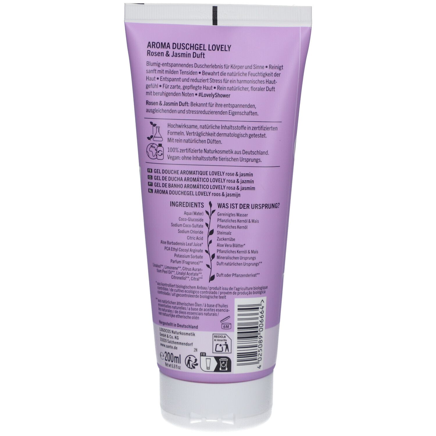 Dos d'un tube lilas. Texte: Aroma Duschgel lovely, parfum Rose & Jasmin. Ingrédients. Logo Vegan. 200ml.