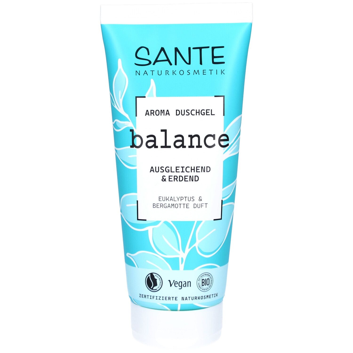 Tube turquoise. Inscription: SANTE Naturkosmetik, Aroma Duschgel balance, Vegan, label Bio.