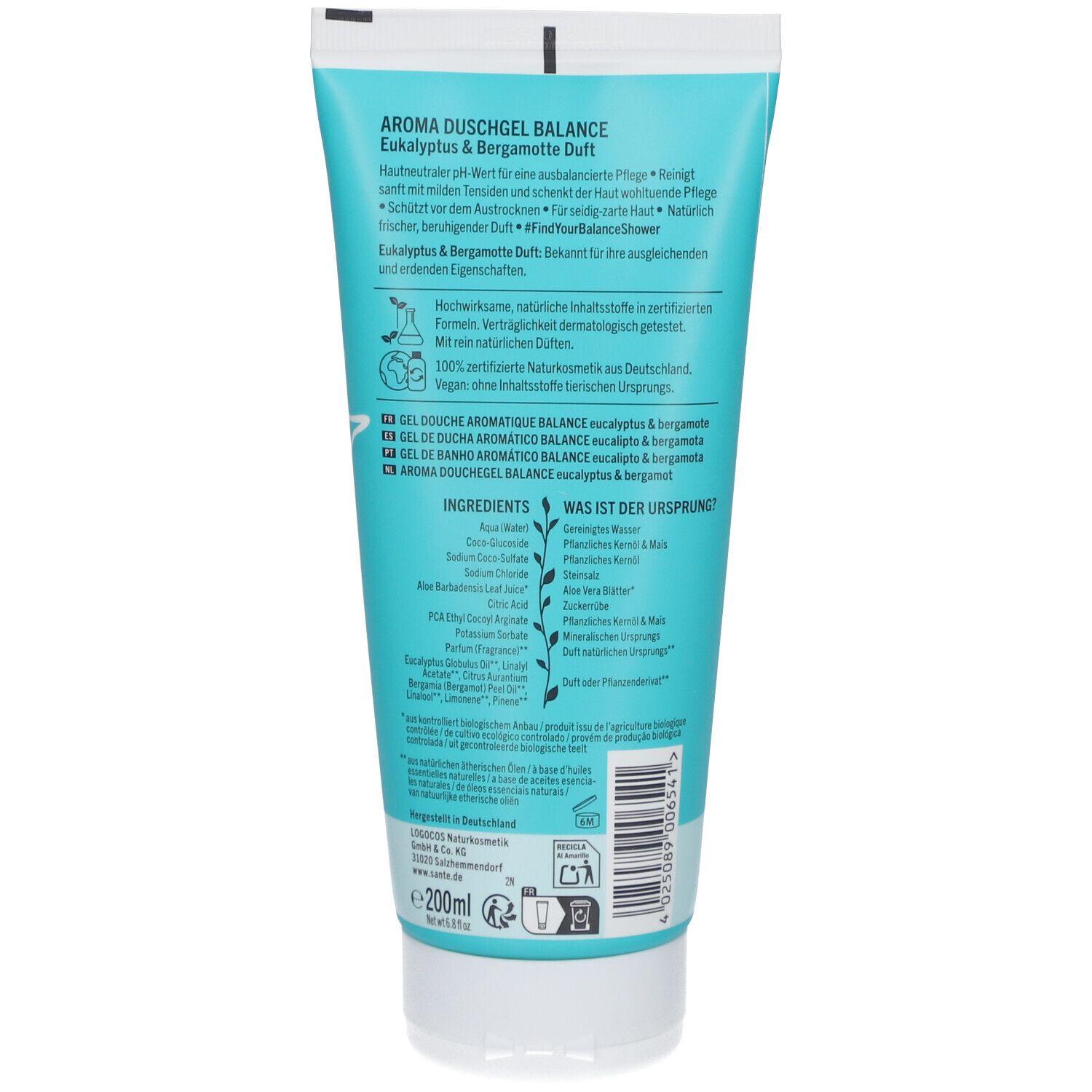 Dos du tube. Texte: Aroma Duschgel BALANCE, ingrédients, 100% cosmétiques naturels certifiés, Vegan.