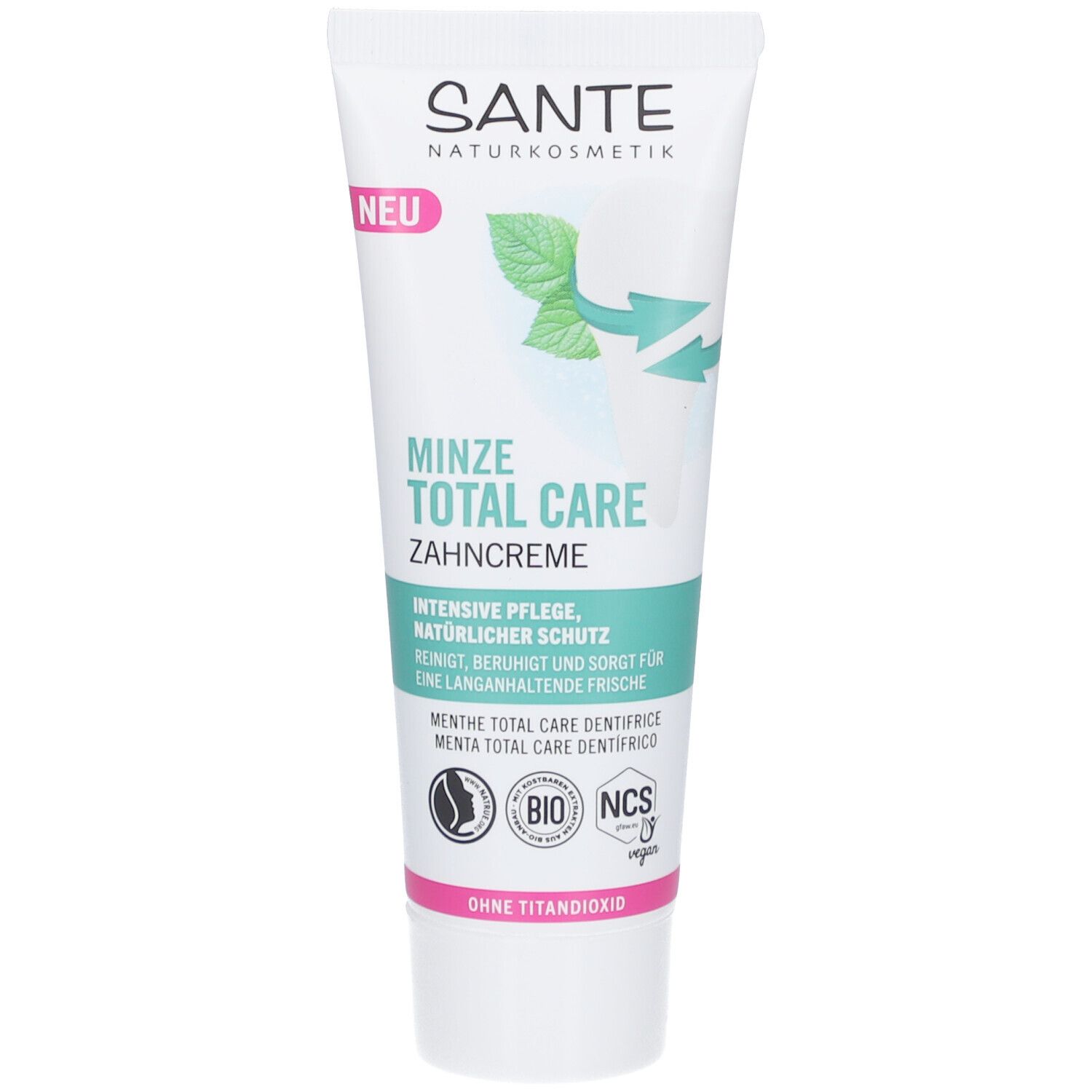 Zahncreme-Tube SANTE Minze Total Care. Grün-weiße Verpackung mit Produktnamen und Logo. "BIO"-Siegel.