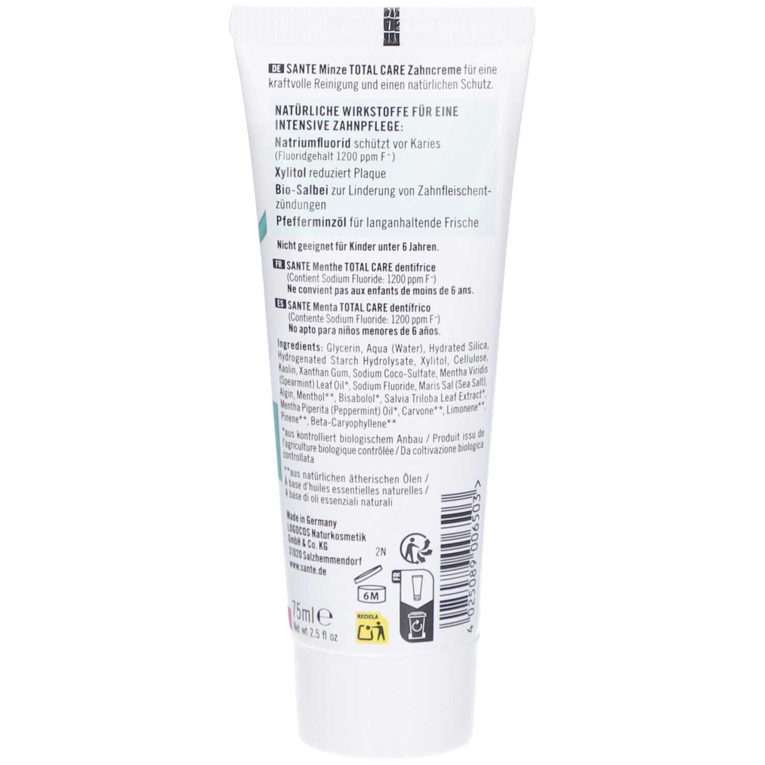 Rückseite der Zahncreme-Tube SANTE Minze Total Care. Textinformationen, Inhaltsstoffe und Logos.