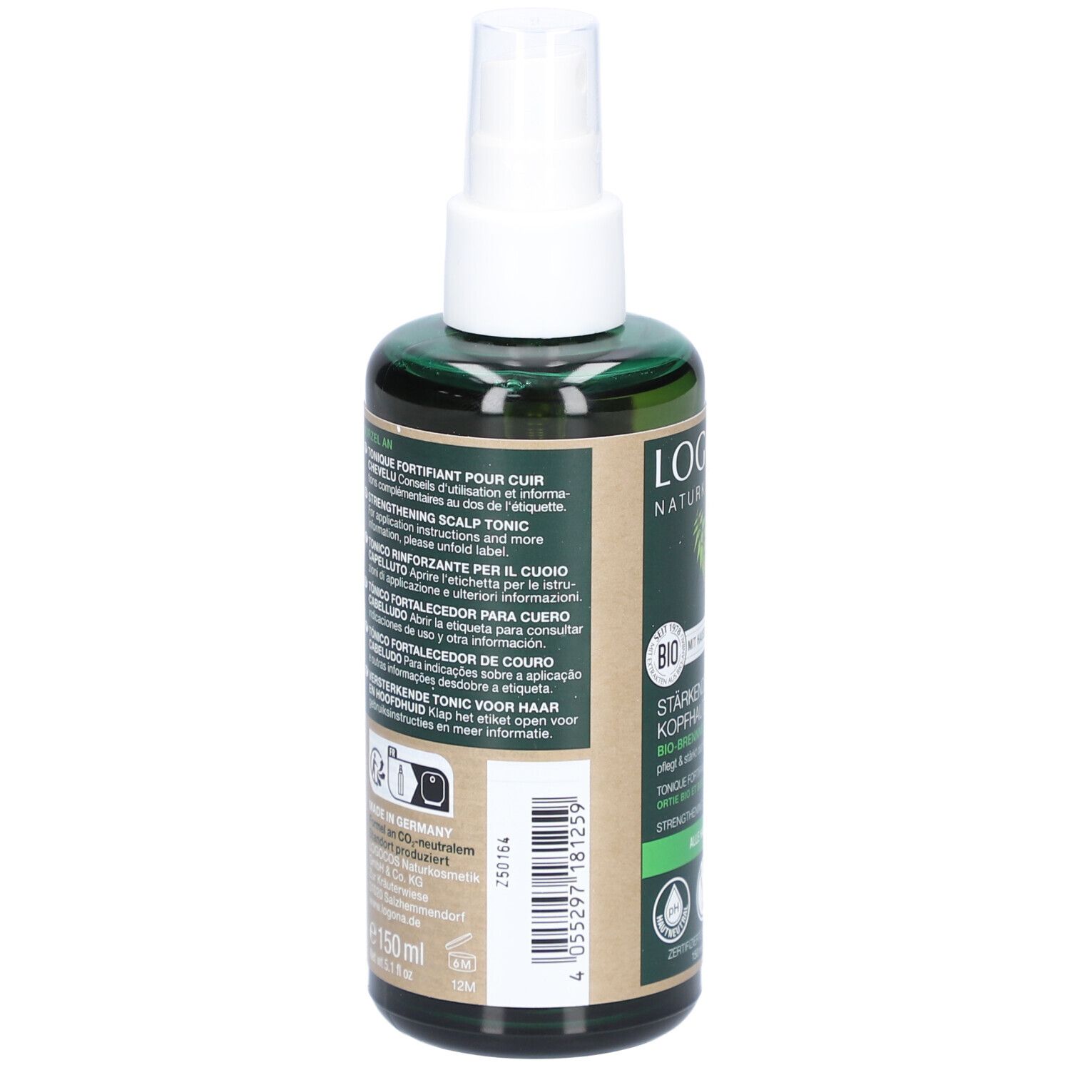 Dos du flacon vert. Étiquette avec informations produit en plusieurs langues.