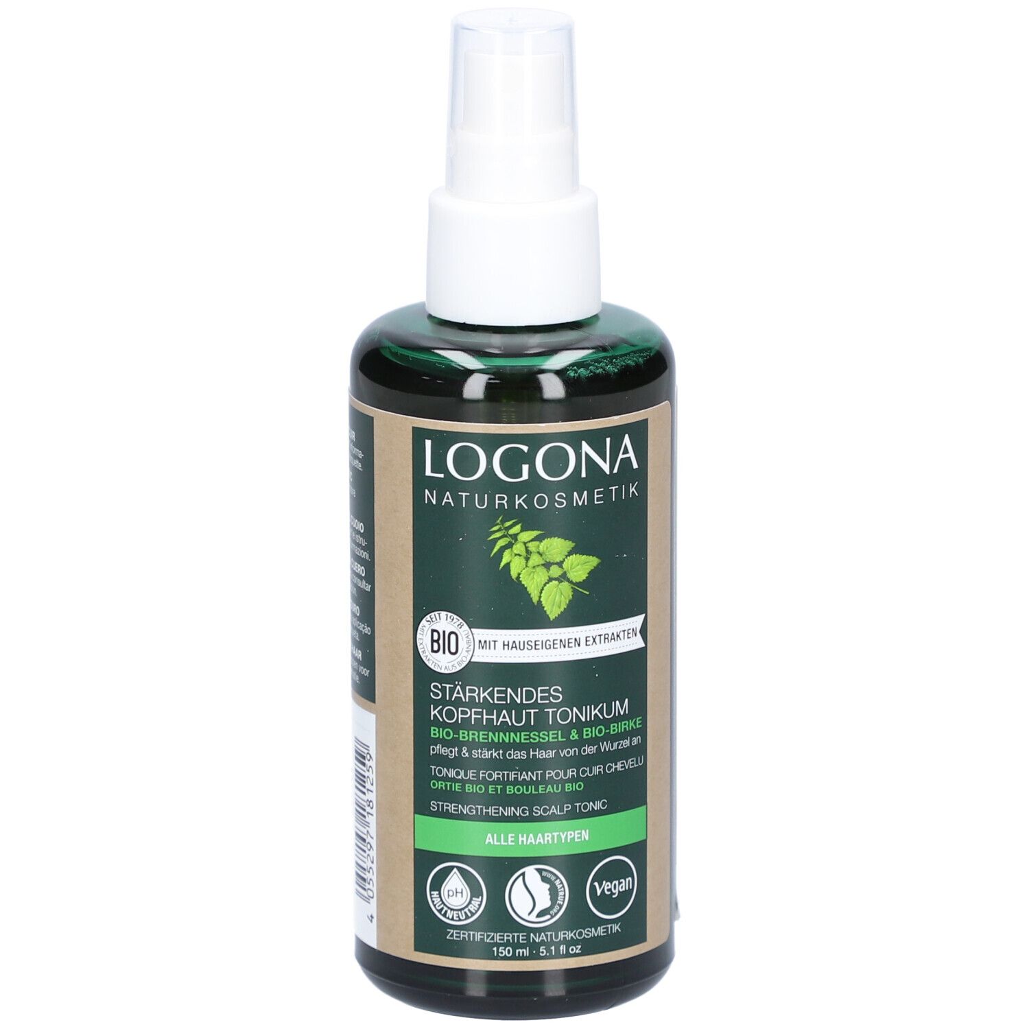 Flacon vert avec vaporisateur blanc. Étiquette avec logo et informations produit. Label vegan.