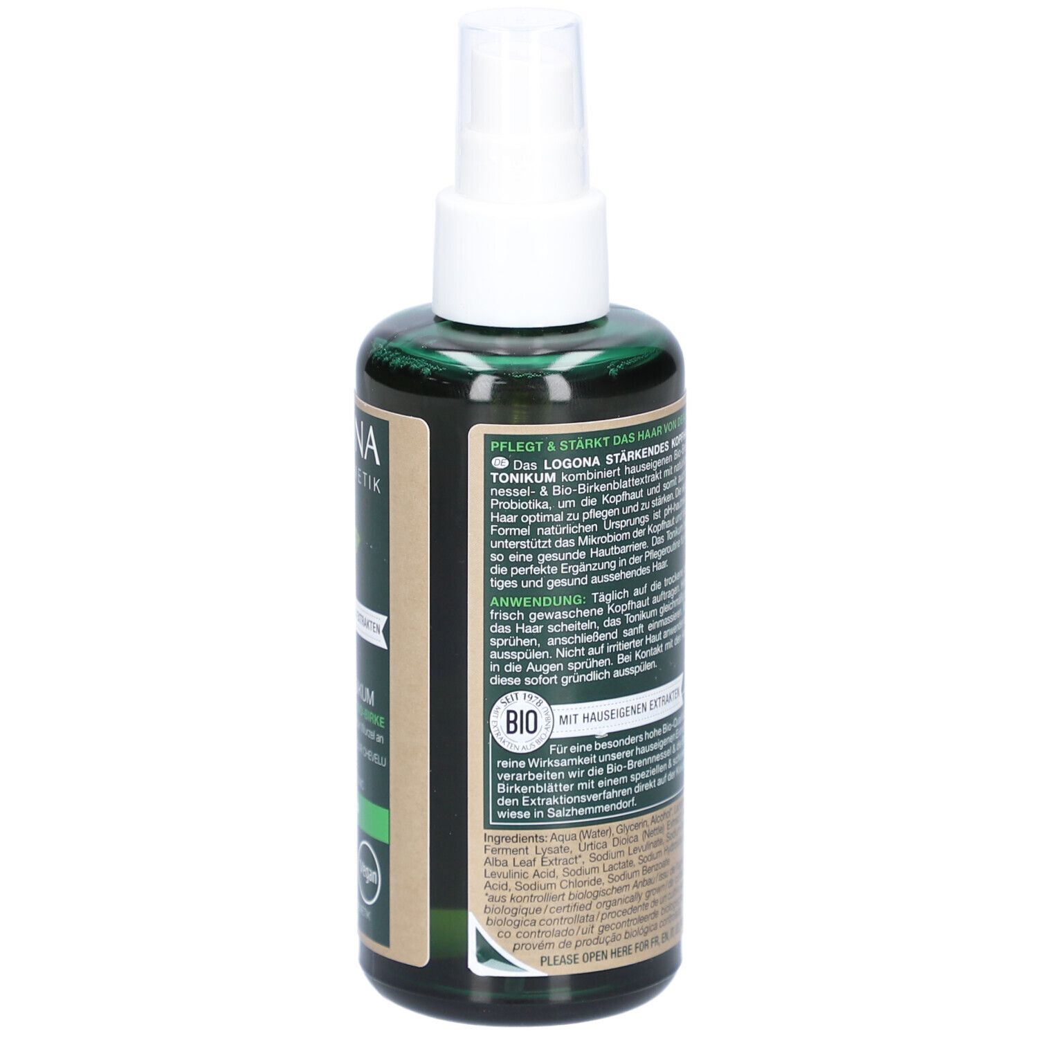 Dos du flacon vert. Étiquette avec informations produit et ingrédients.