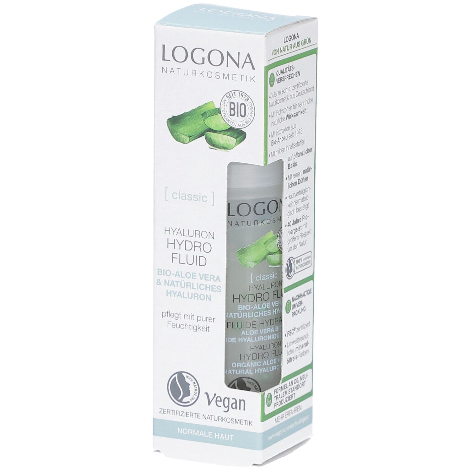 Emballage du produit avec logo et nom du produit. Contient une bouteille de Hyaluron Hydro Fluid Bio-Aloe Vera & Hyaluron.