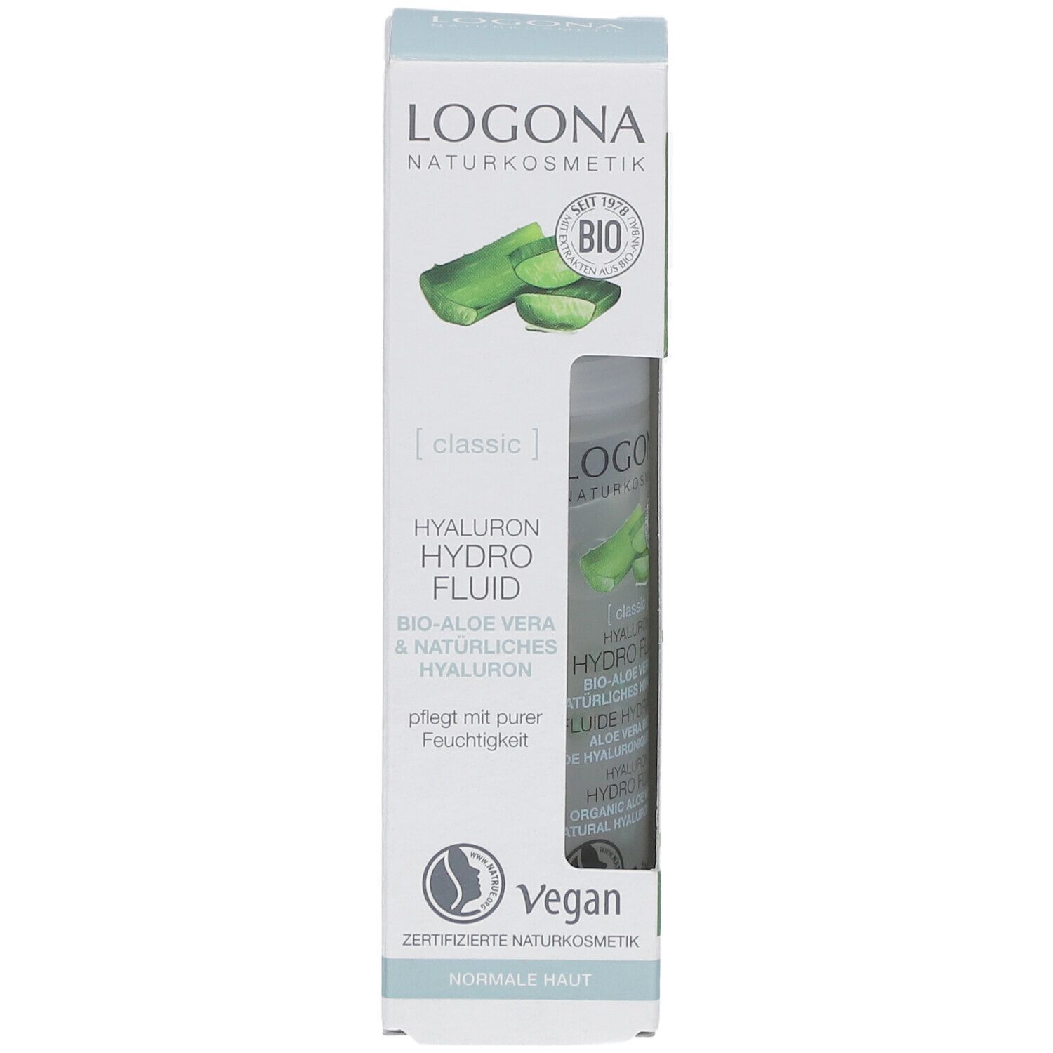 Emballage du produit avec logo et nom du produit. Contient une bouteille de Hyaluron Hydro Fluid Bio-Aloe Vera & Hyaluron.