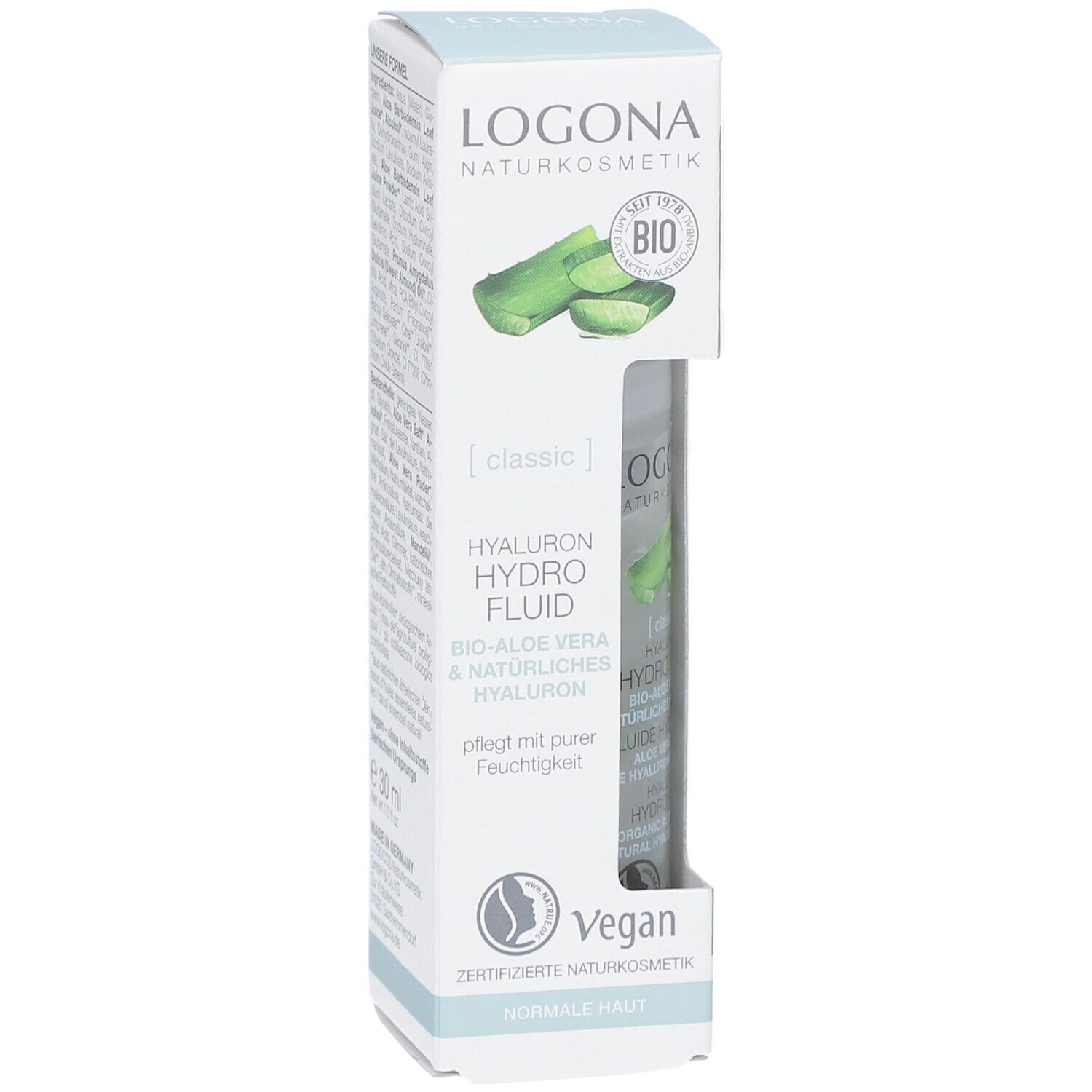 Emballage du produit avec logo et nom du produit. Contient une bouteille de Hyaluron Hydro Fluid Bio-Aloe Vera & Hyaluron.