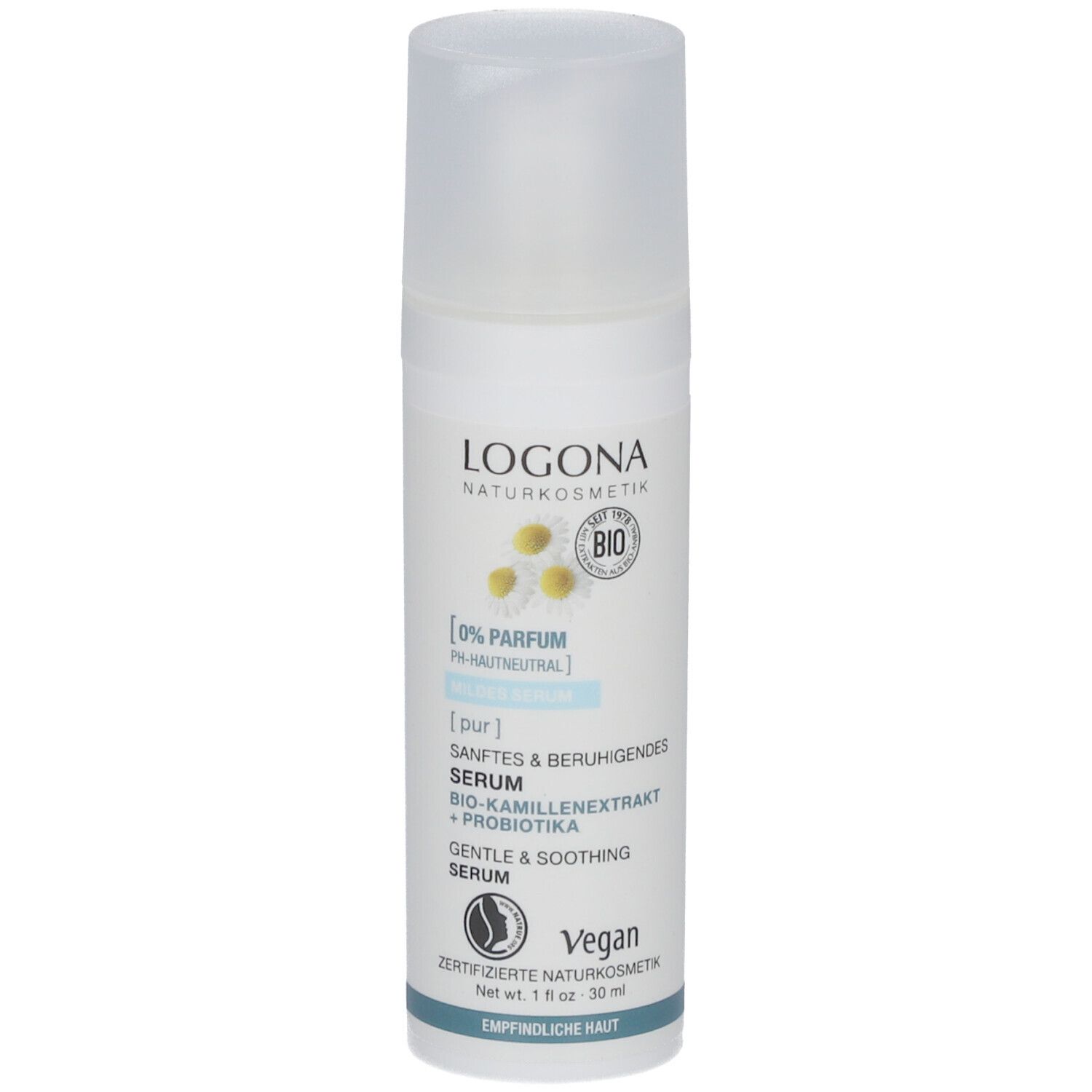 Sérum blanc avec vaporisateur. Inscription: LOGONA, extrait de camomille bio, probiotiques, Vegan. Certifié.