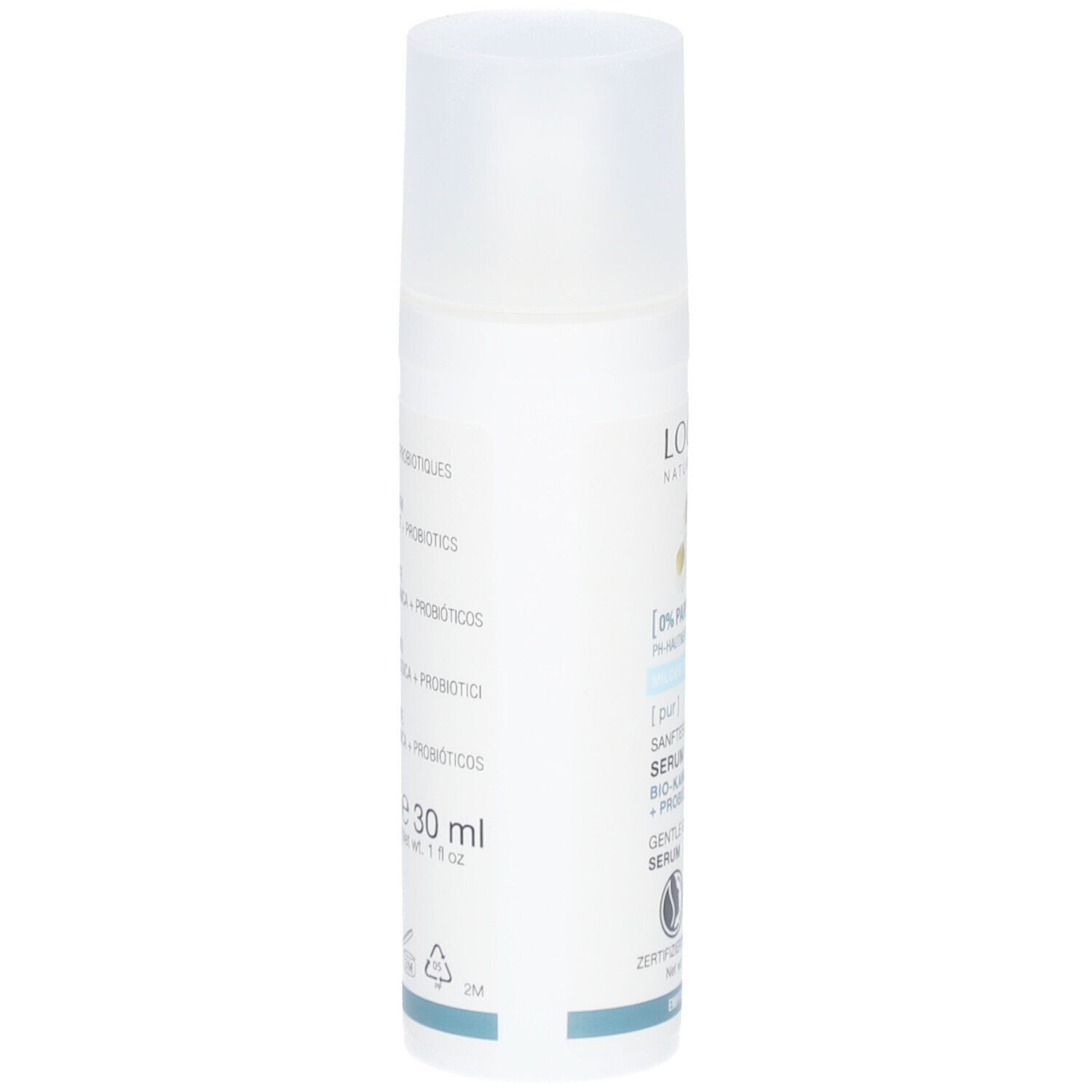 Sérum blanc avec vaporisateur. Inscription: LOGONA, extrait de camomille bio, probiotiques, Vegan. 30 ml.