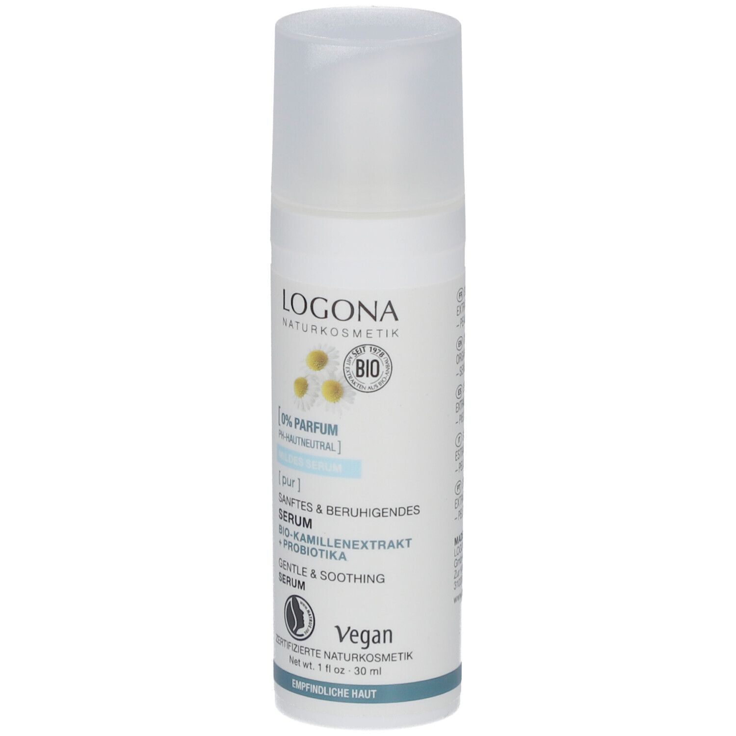 Sérum blanc avec vaporisateur. Inscription: LOGONA, extrait de camomille bio, probiotiques, Vegan. 30 ml.