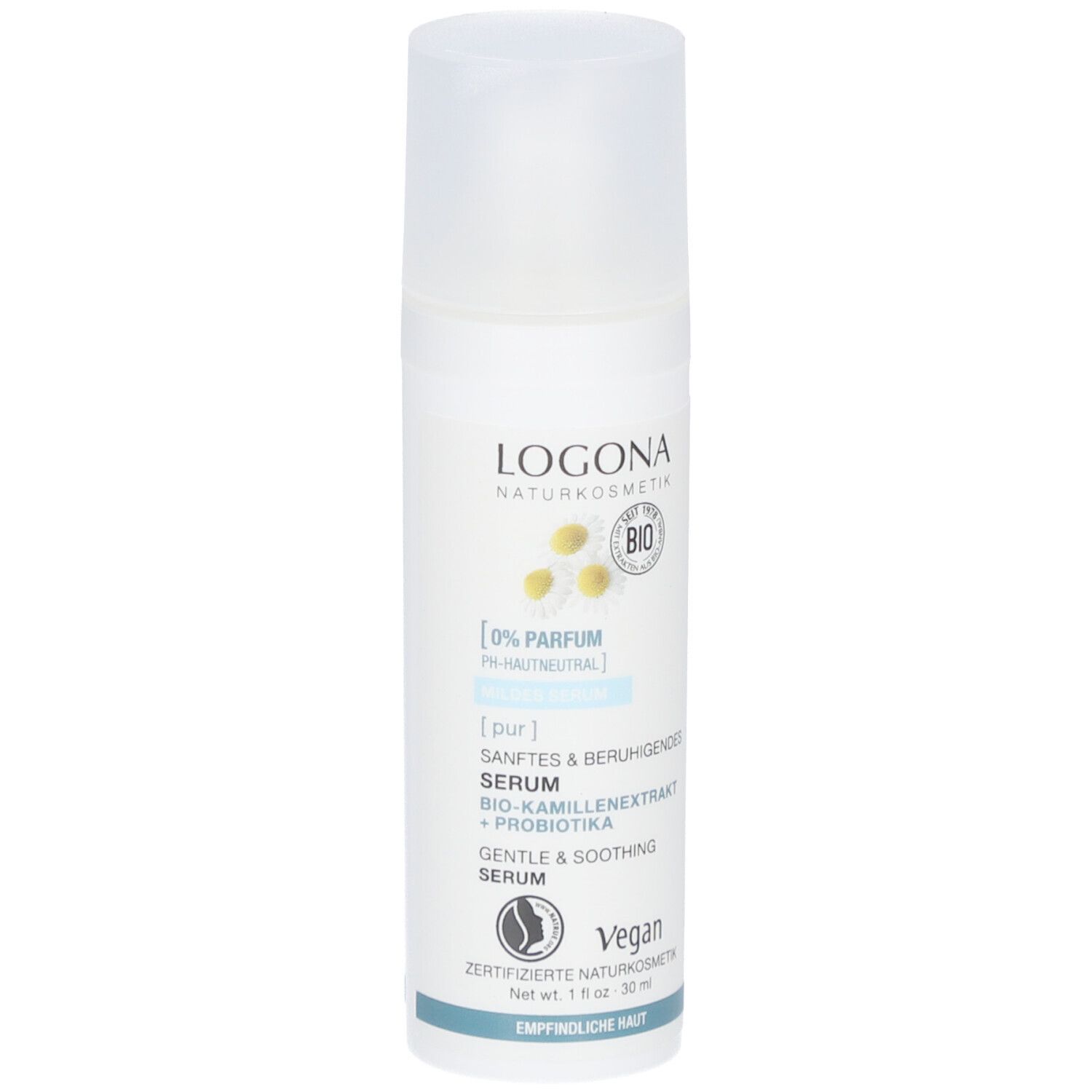 Sérum blanc avec vaporisateur. Inscription: LOGONA, extrait de camomille bio, probiotiques, Vegan. 30 ml.