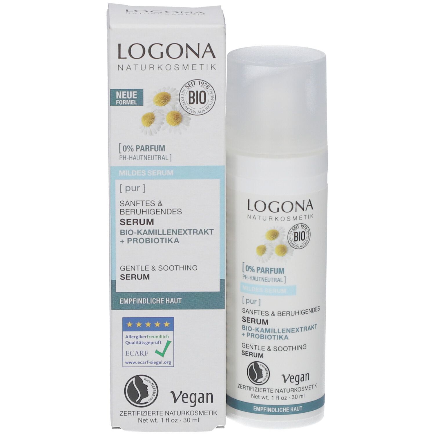 Sérum et emballage. Inscription: LOGONA, extrait de camomille bio, probiotiques, Vegan. Certifié.