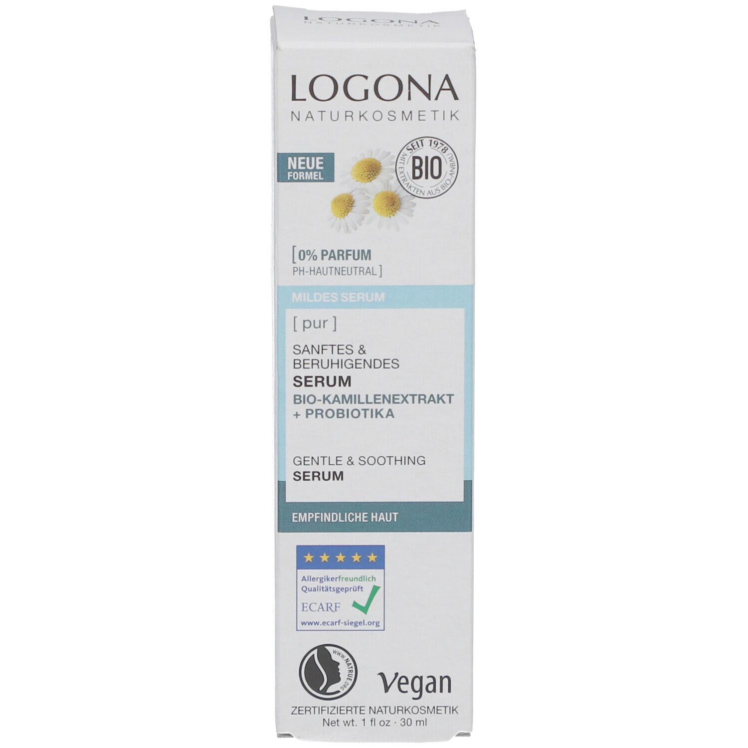 Emballage. Inscription: LOGONA, extrait de camomille bio, probiotiques, Vegan. Certifié. Avec logo.