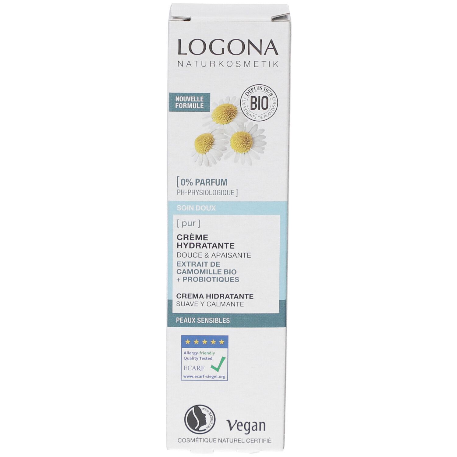 Emballage en carton avec logo LOGONA, fleurs de camomille et texte. Vegan, peaux sensibles. Avec labels.