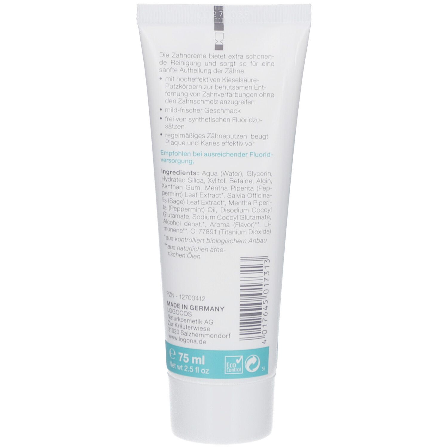 Rückseite der Zahncreme-Tube. Text mit Inhaltsstoffen und Herstellerinformationen. 75 ml, 2.5 fl oz.