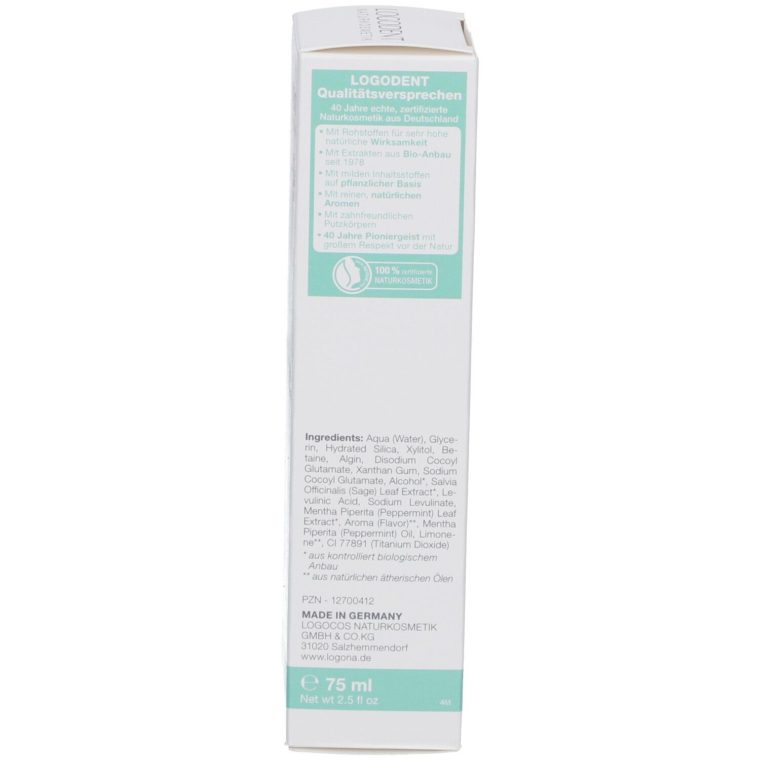 Verpackung, Rückseite. Text mit Herstellerinformationen, Inhaltsstoffen und Qualitätsversprechen. 75 ml.