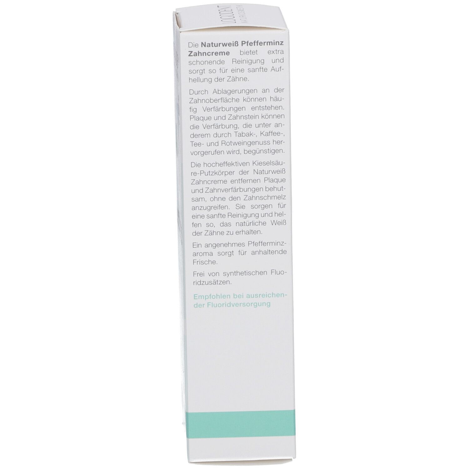 Verpackung, Seite. Text über die Wirkung der Zahncreme. Empfohlen bei eingeschränkter Fluoridversorgung.